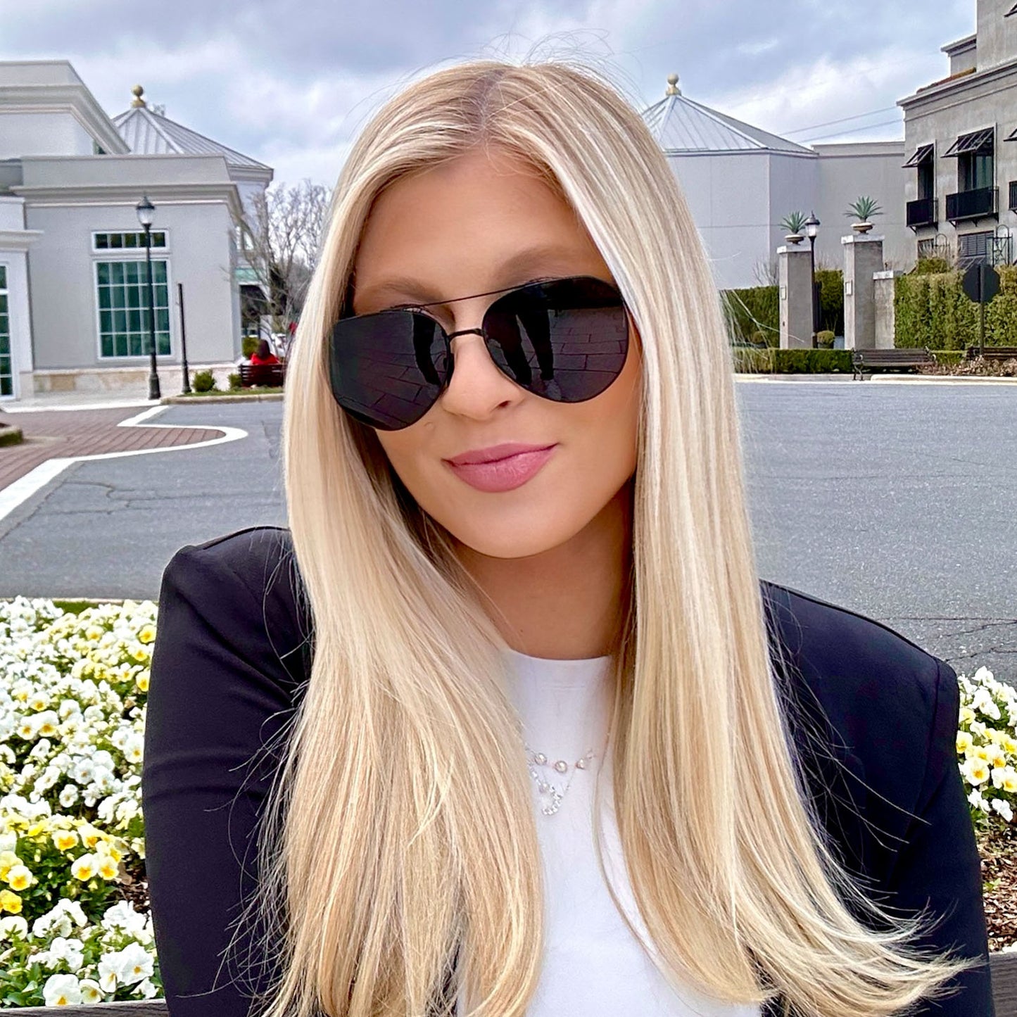 customer content - chloesedlock wearing diff eyewear dash aviator sunglasses with matte black frame and solid grey polarized lens front view