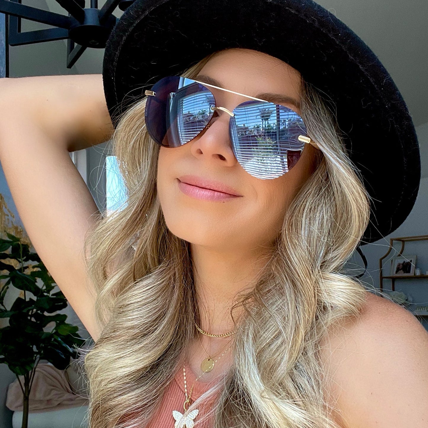 customer content - Katie Connelly wearing the Lenox Gold with Blue Gradient Polarized Womens Aviator Sunglasses from DIFF Eyewear