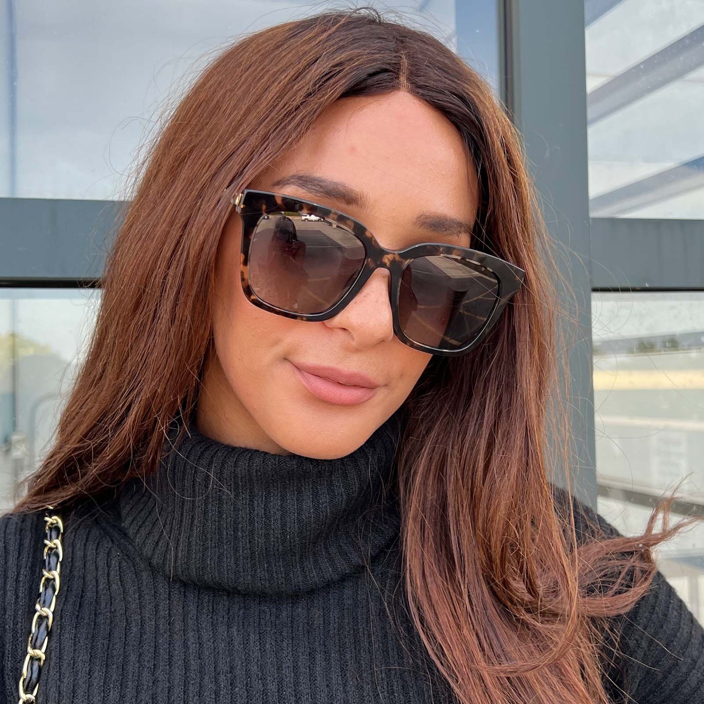 customer content - female wearing bella square sunglasses with espresso tortoise acetate frame and grey lenses