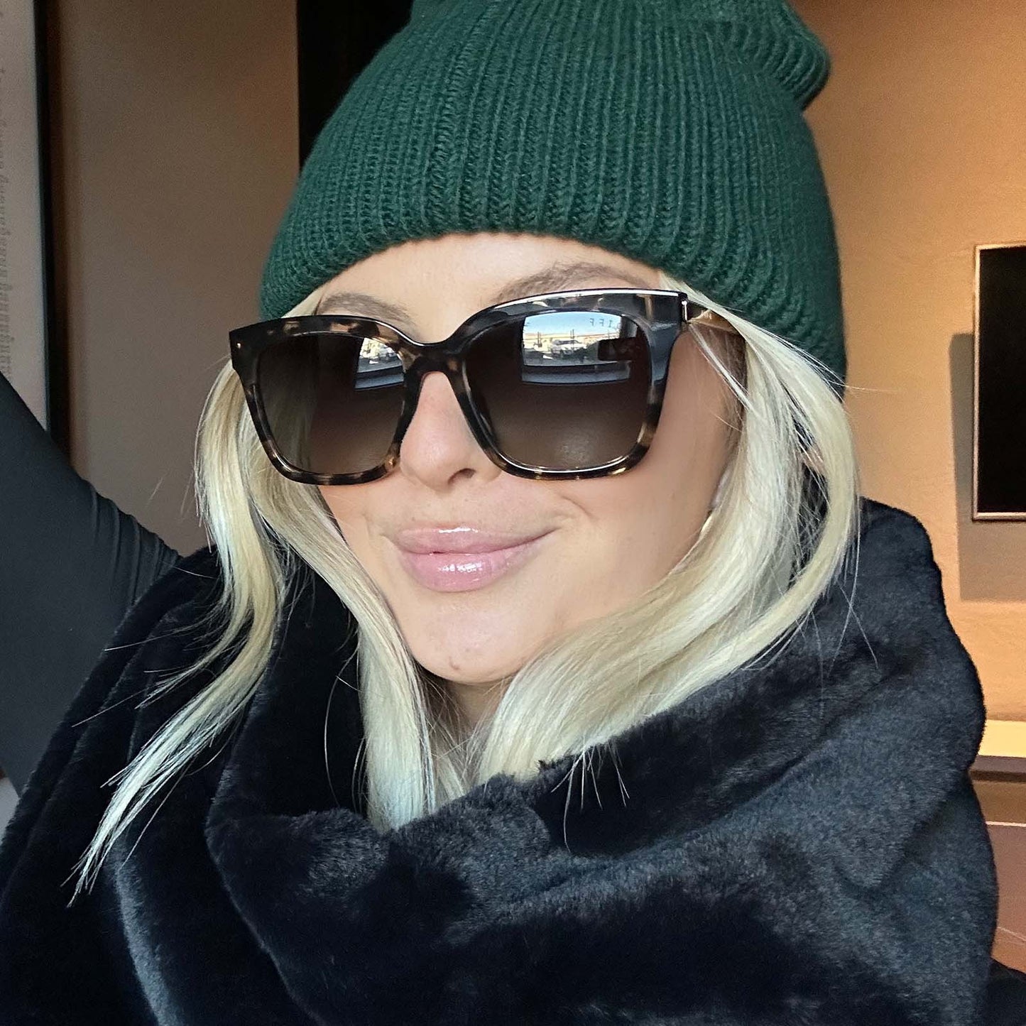 customer content - female blonde wearing diff eyewear bella square sunglasses with espresso tortoise frame and grey gradient polarized lenses