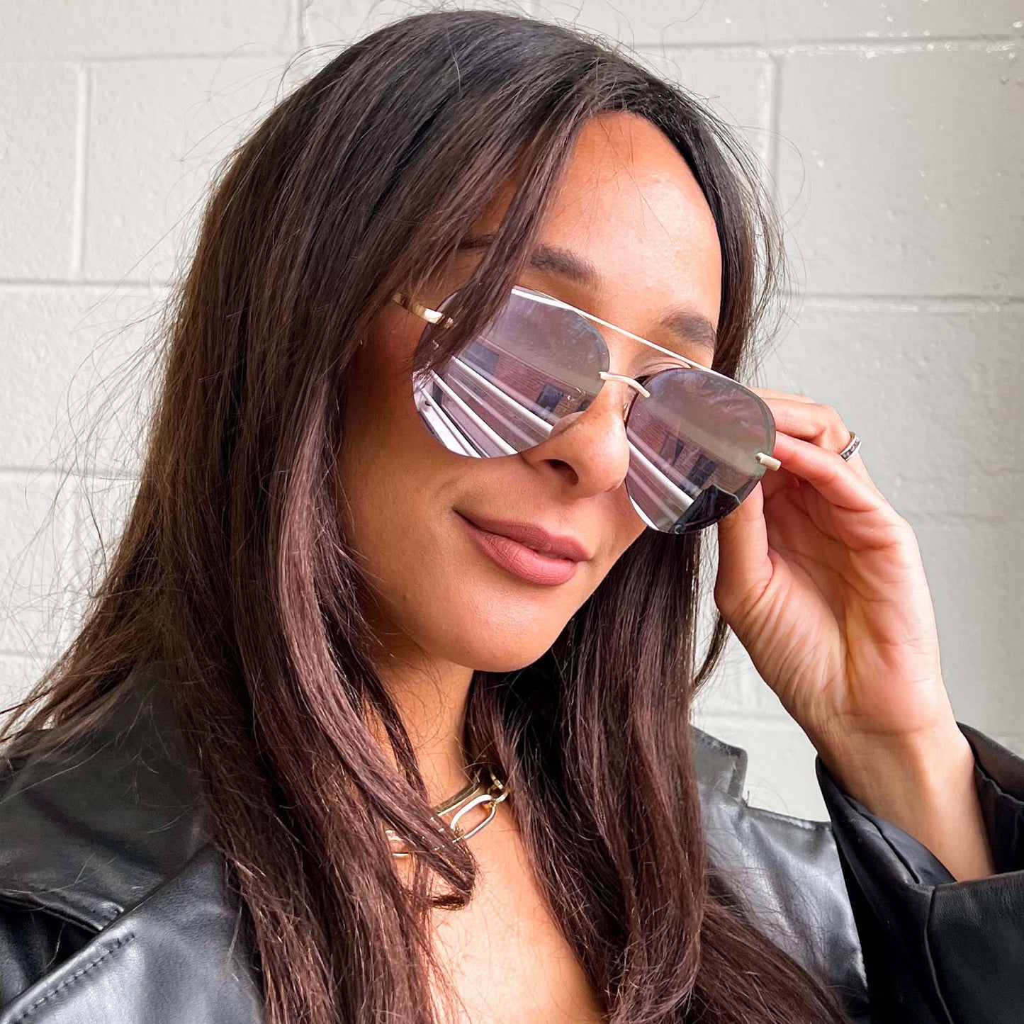 customer content - female wearing lenox aviator sunglasses with brushed gold frame with cherry blossom mirror sunglasses 2