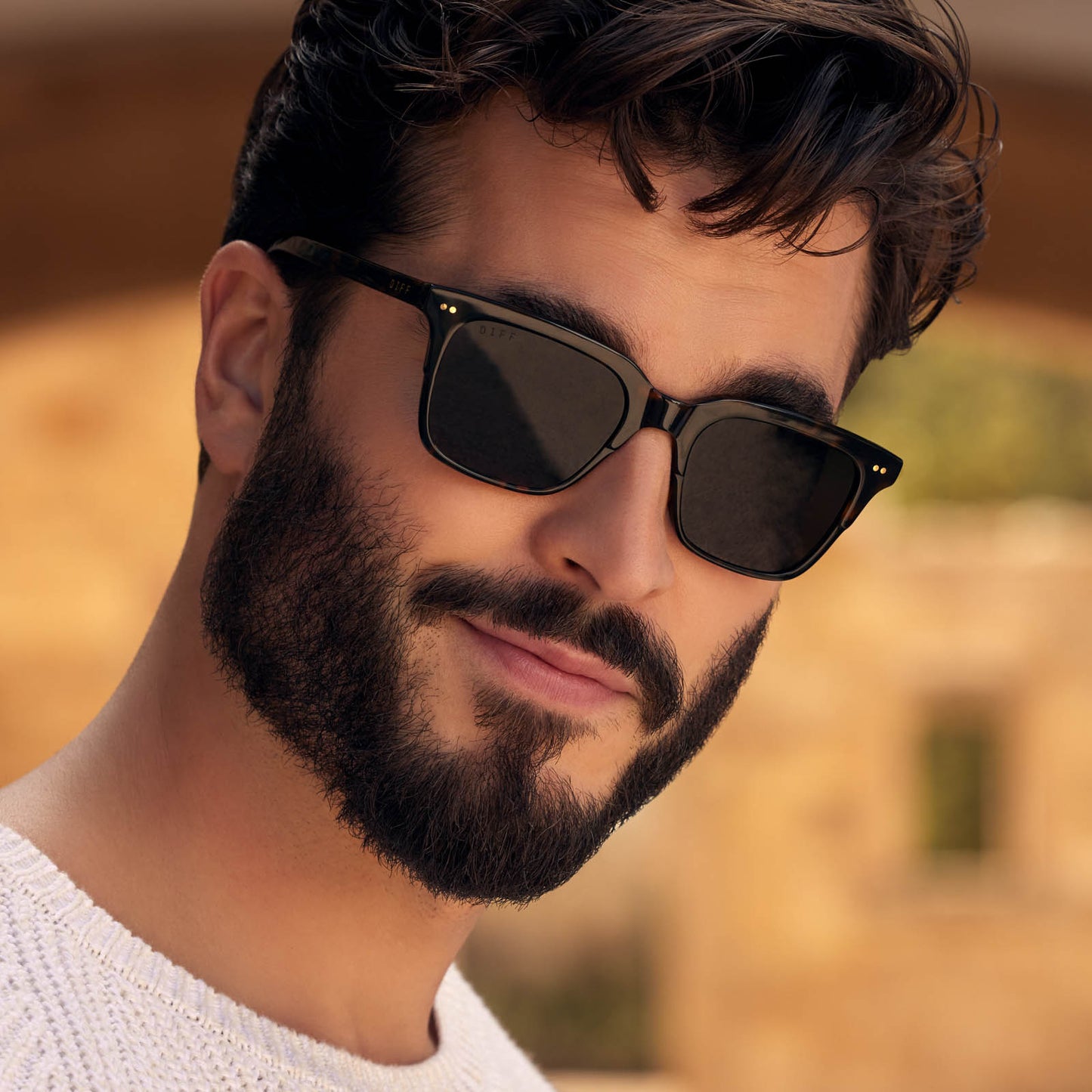 on model - male wearing billie square sunglasses with a shadow tortoise acetate frame and grey polarized lenses