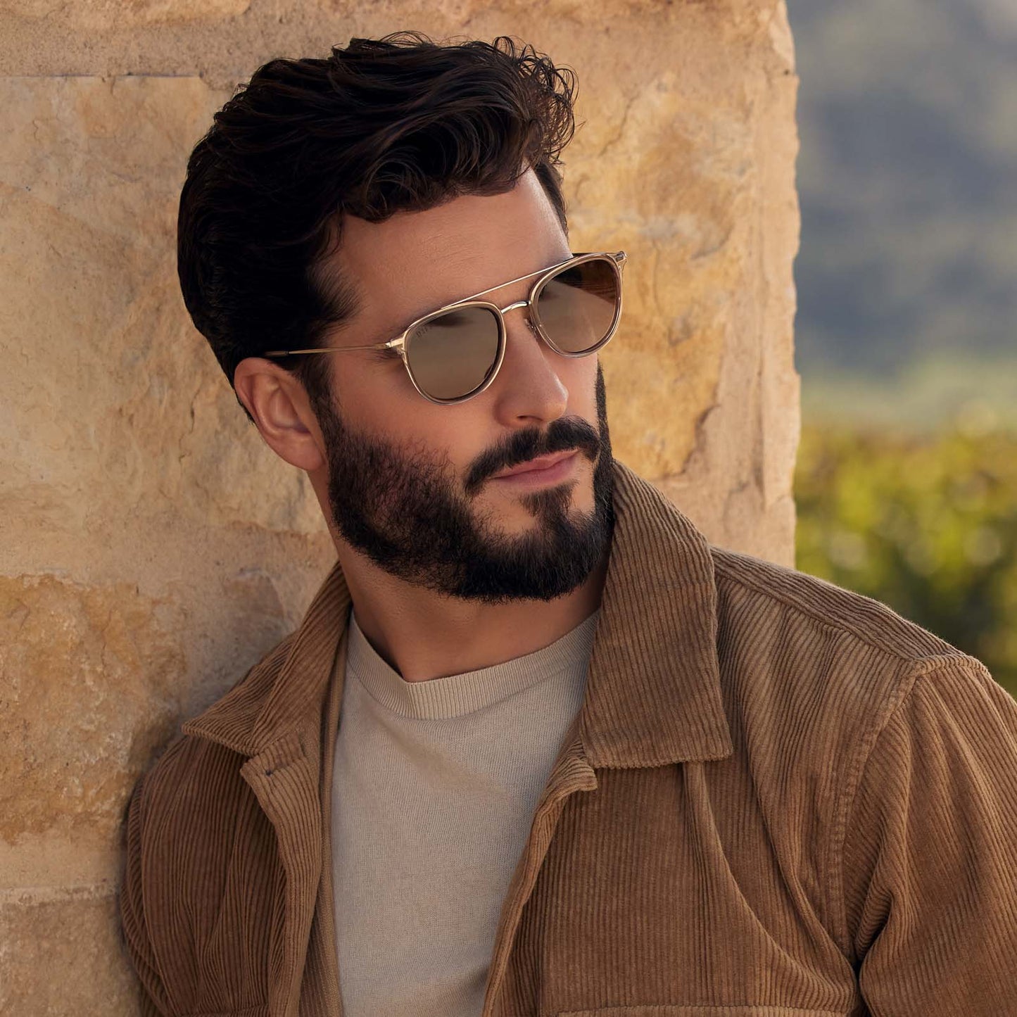 on model - male wearing diff eyewear camden aviator sunglasses with vintage crystal frame and brown gradient polarized lenses