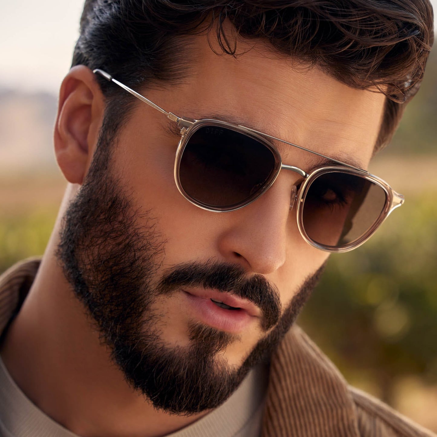 on model - male wearing diff eyewear camden aviator sunglasses with vintage crystal frame and brown gradient polarized lenses