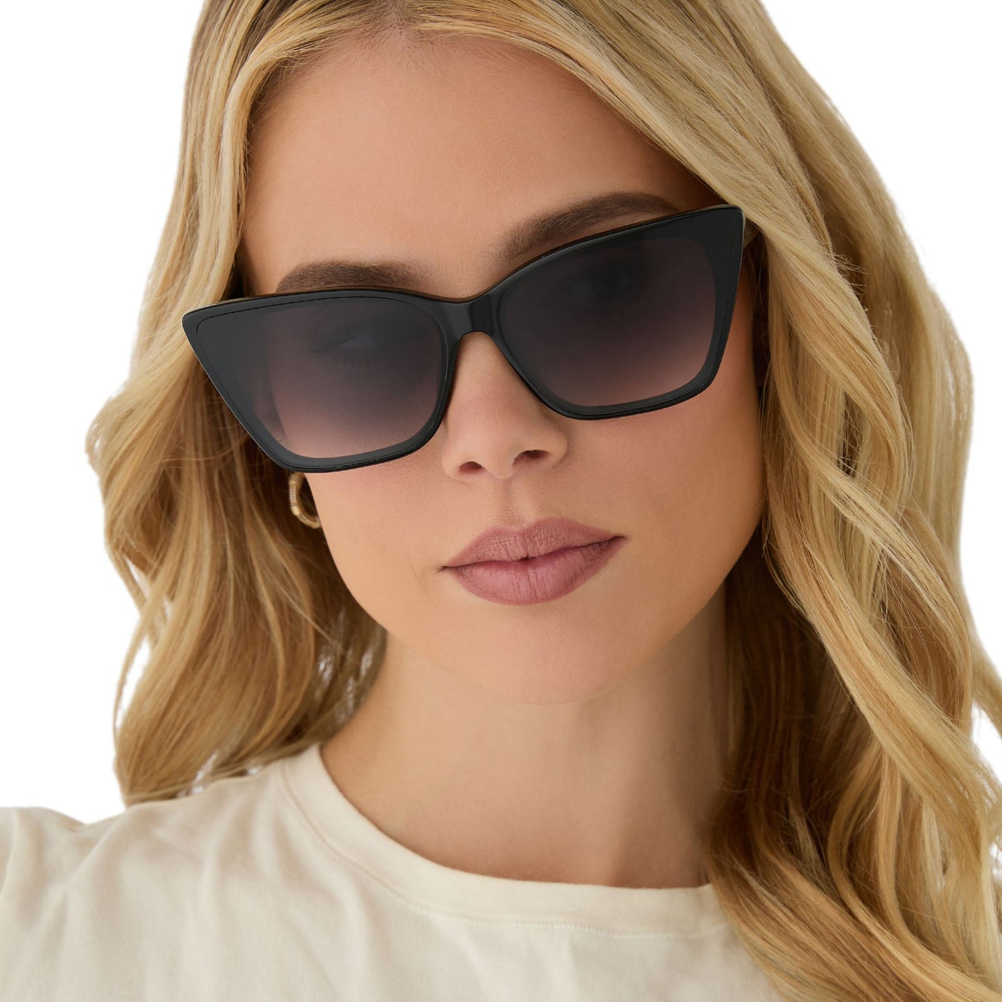 on model - female wearing diff eyewear featuring the alina cat eye sunglasses with a black frame and grey gradient lenses front view