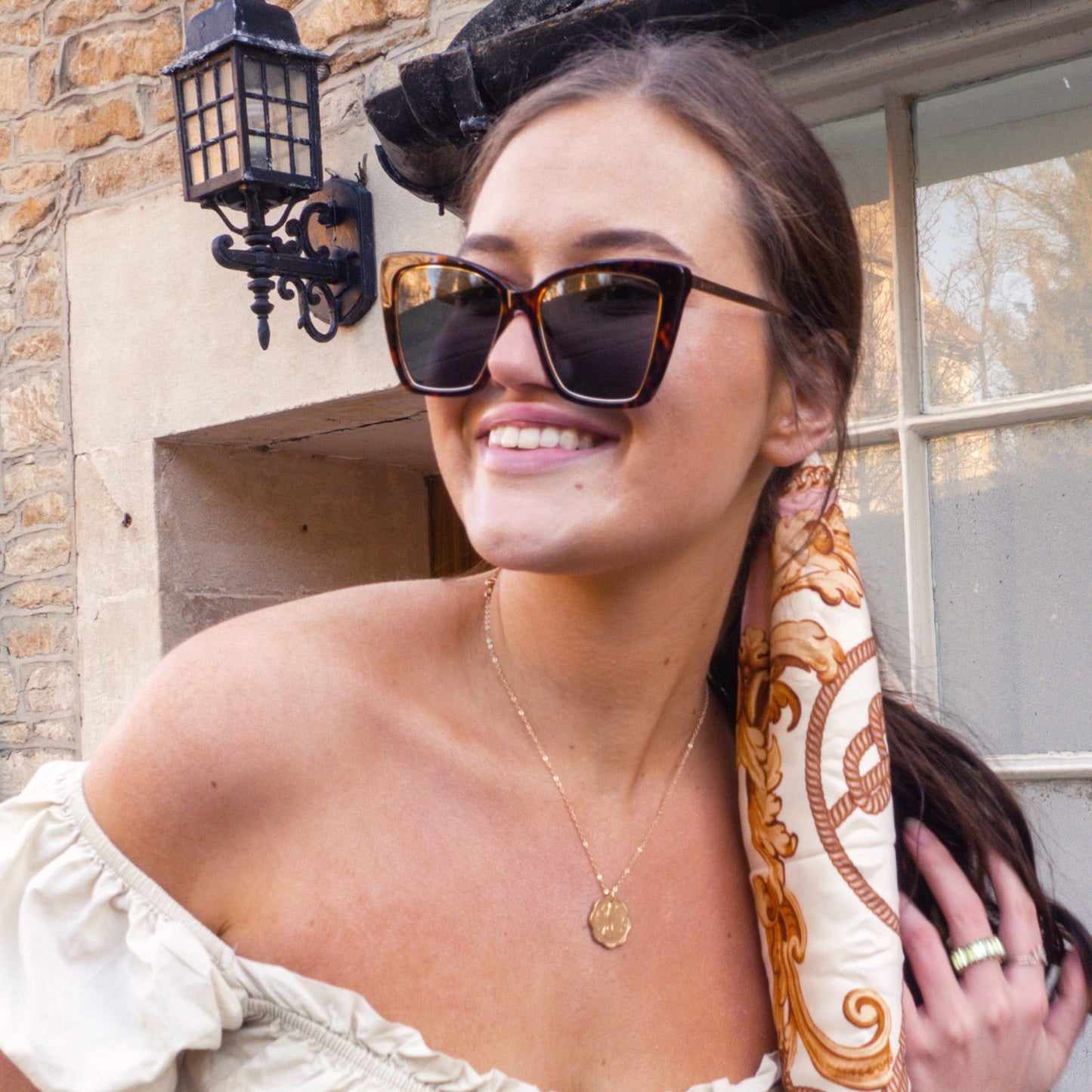 customer content - model wearing becky iv amber tortoise + brown gradient polarized frames