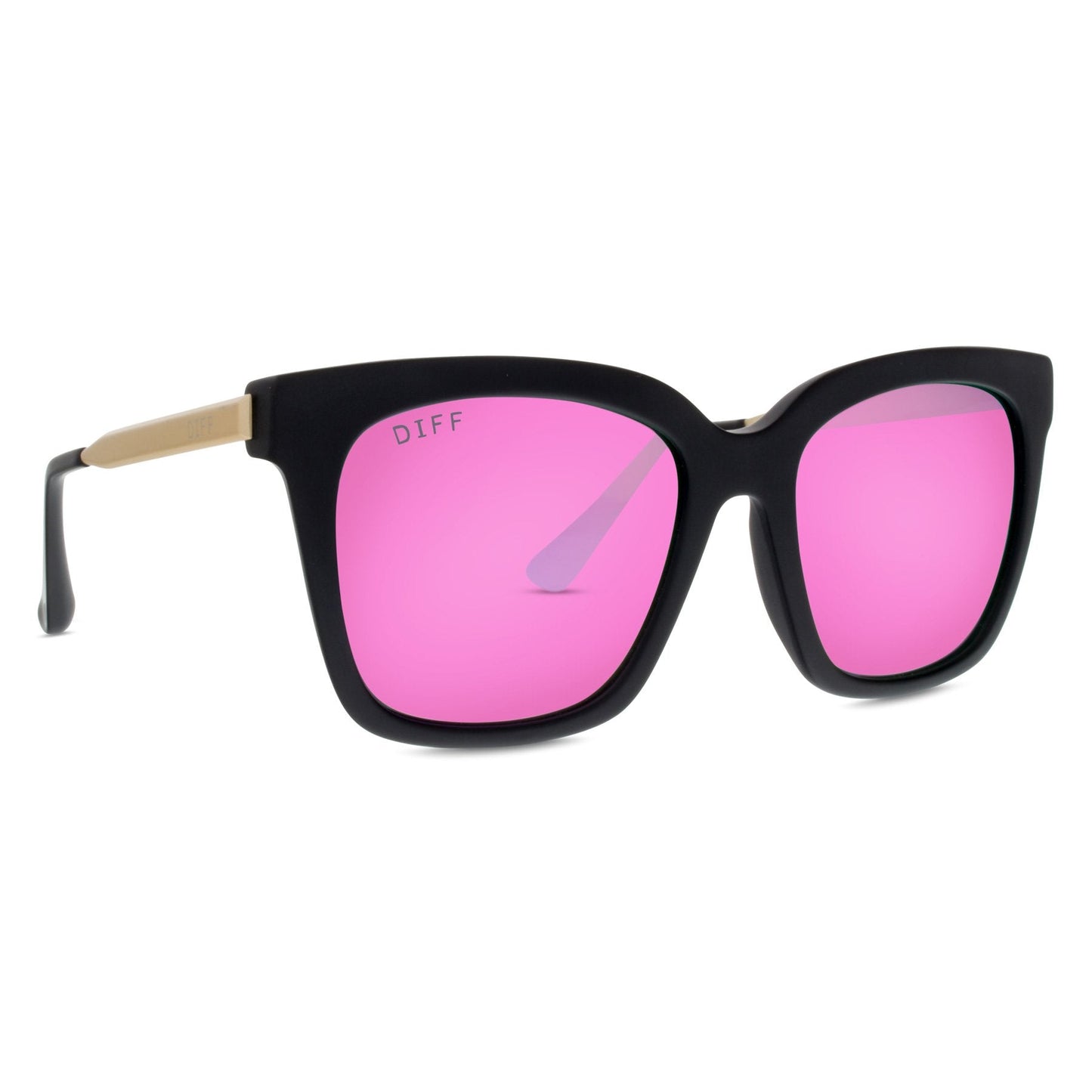diff eyewear bella matte black frame with pink mirror polarized lenses sunglasses angled view