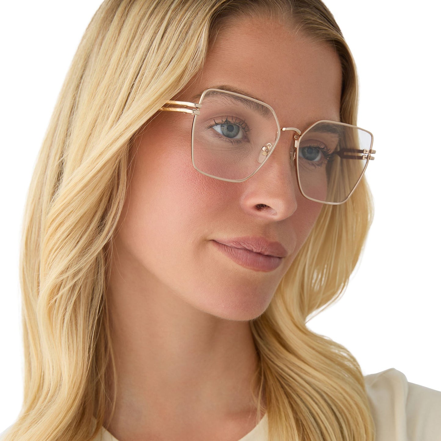 on model - female wearing diff eyewear bonnie square prescription glasses with a gold metal frame angled view