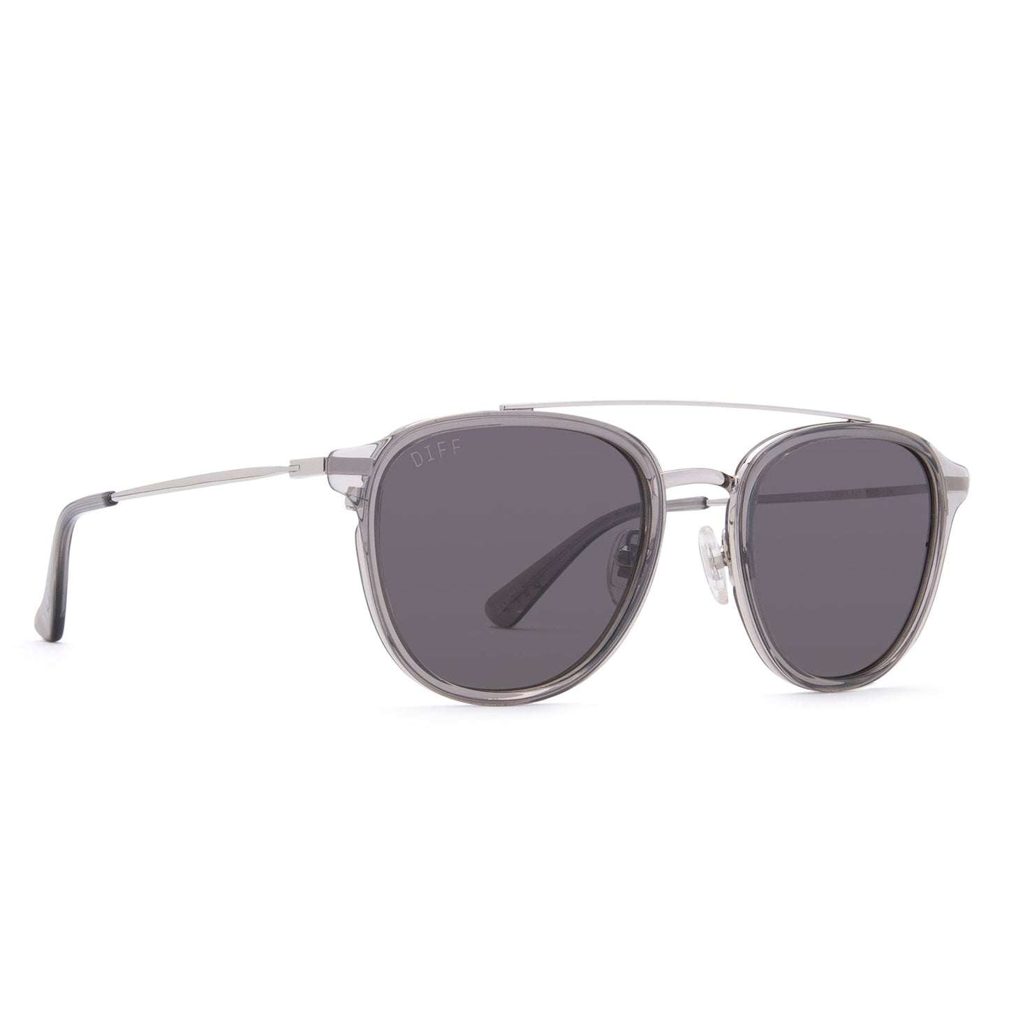 diff eyewear camden storm crystal frame with grey polarized sunglasses angled view