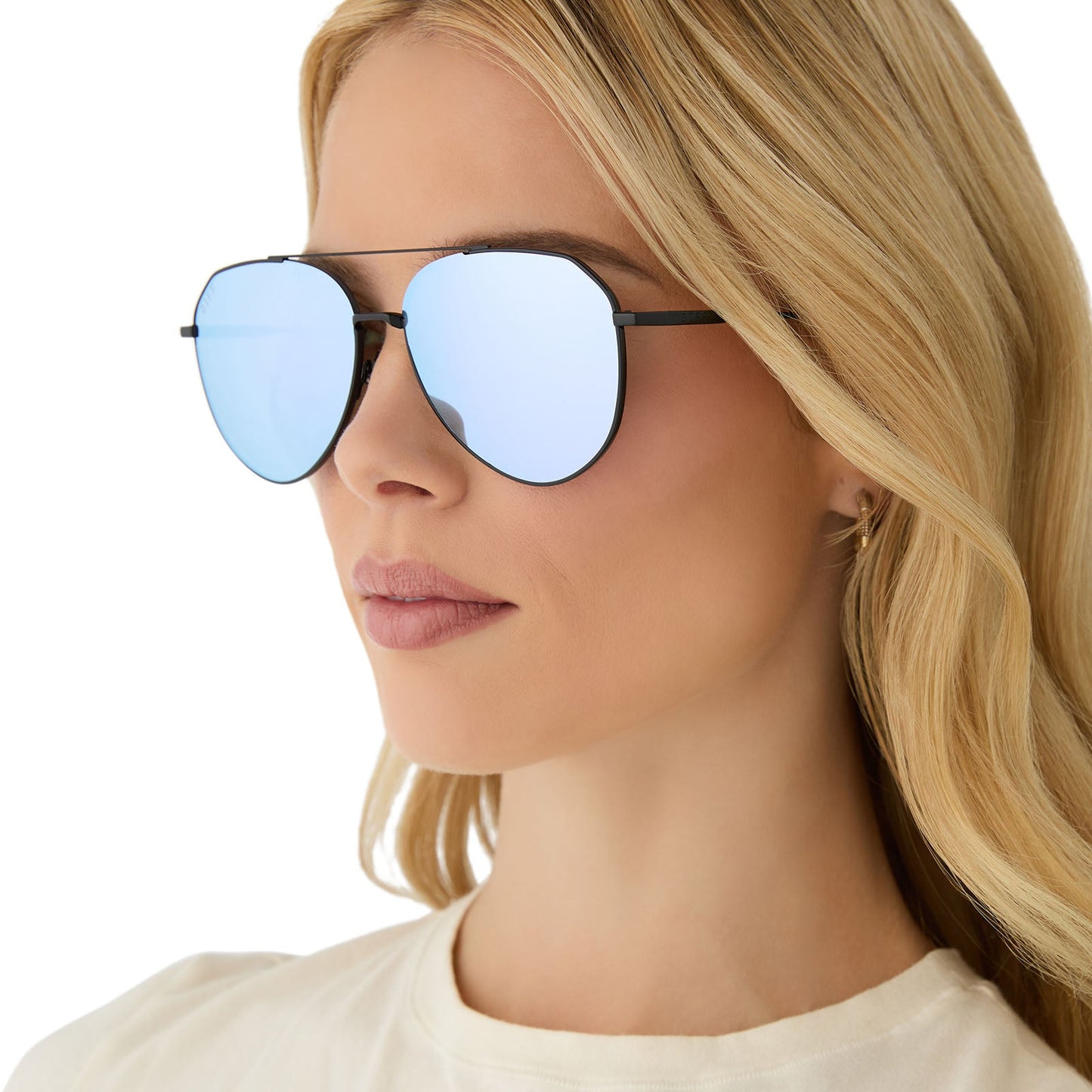 on model - female wearing diff eyewear featuring the dash aviator sunglasses with a black frame and lavender mirror lenses side view