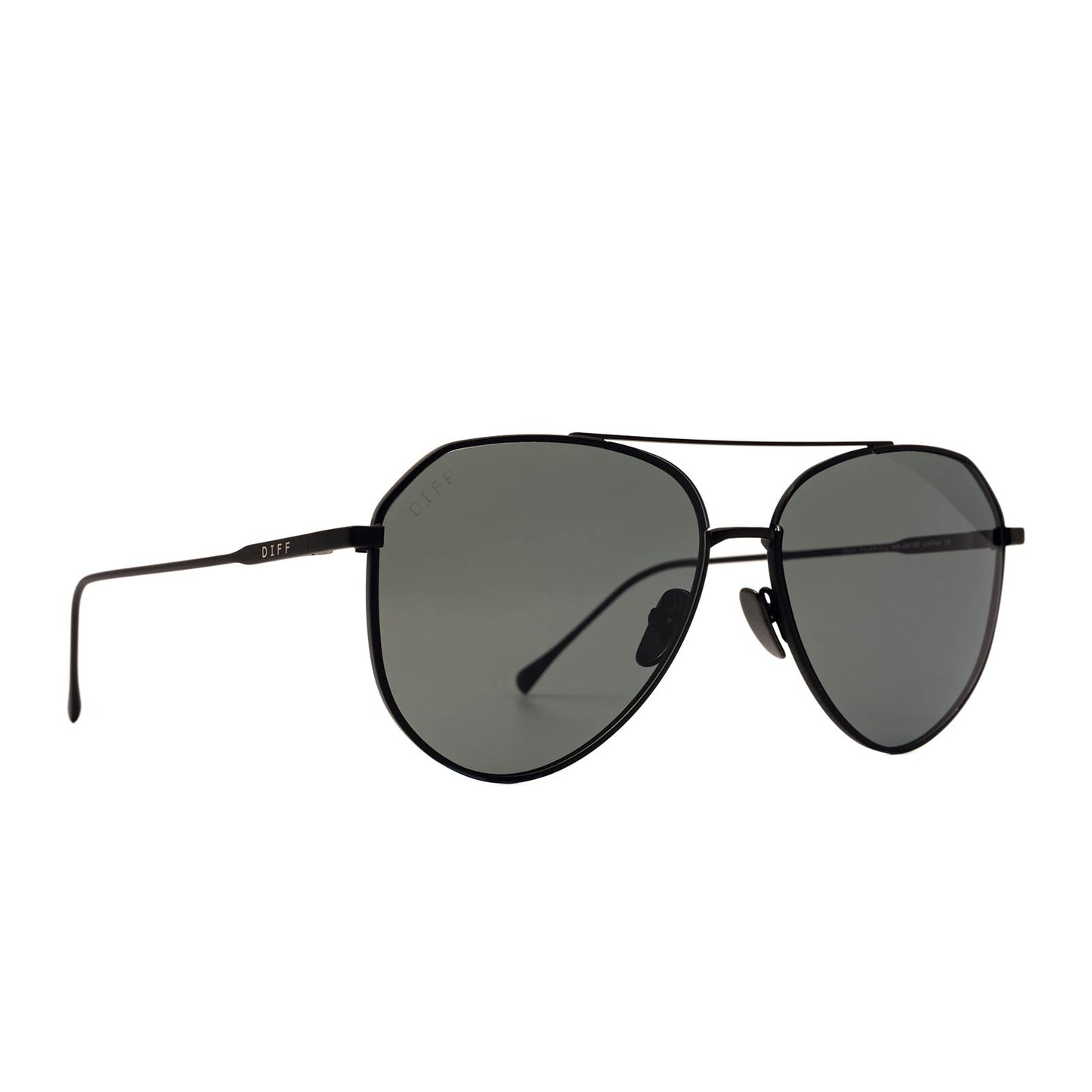 diff eyewear dash aviator sunglasses with matte black frame and solid grey polarized lens angled view