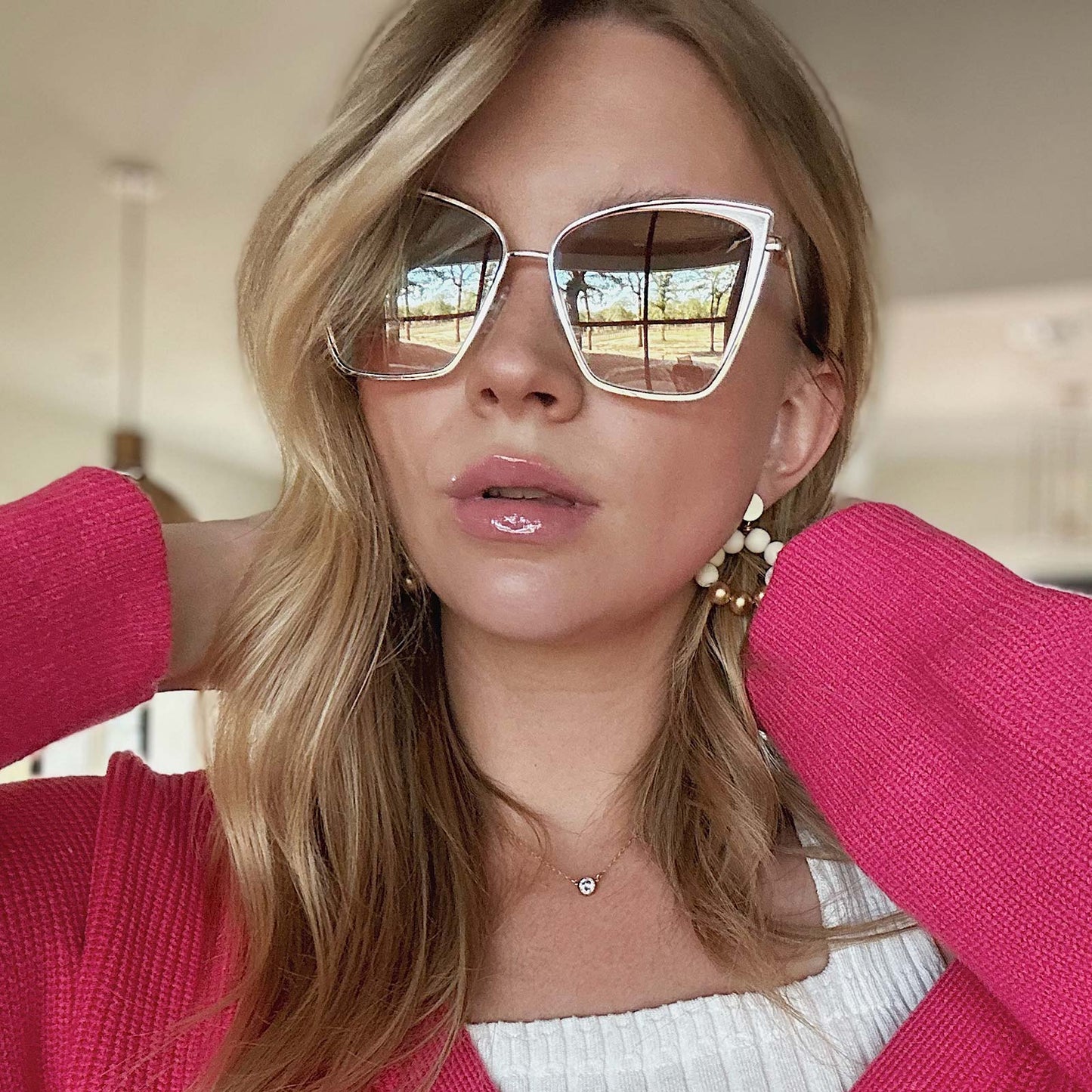 lifestyle - blonde female wearing the Becky Gold and Flash Brown Gradient Womens Cat Eye Sunglasses from DIFF Eyewear