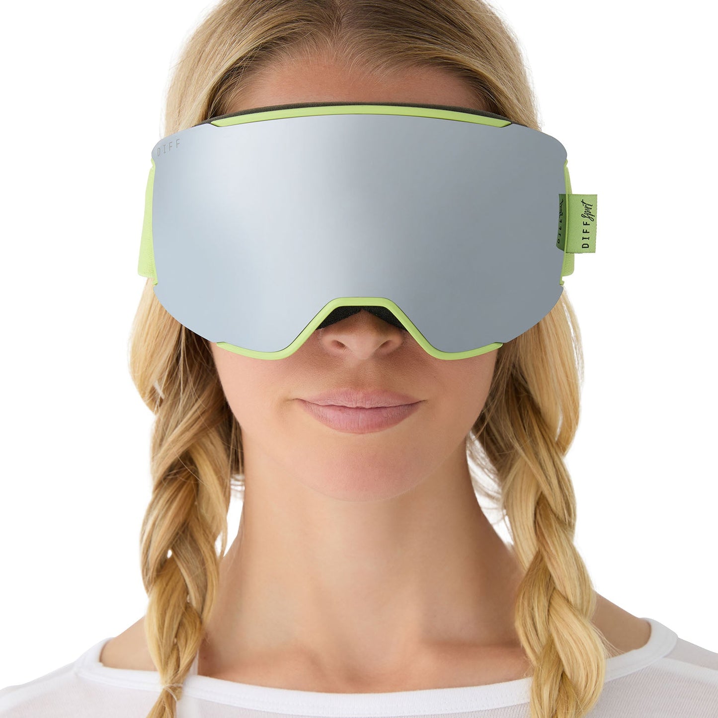 on model - female wearing diff sport alpine goggles in lime green with silver mirror polarized lens front view