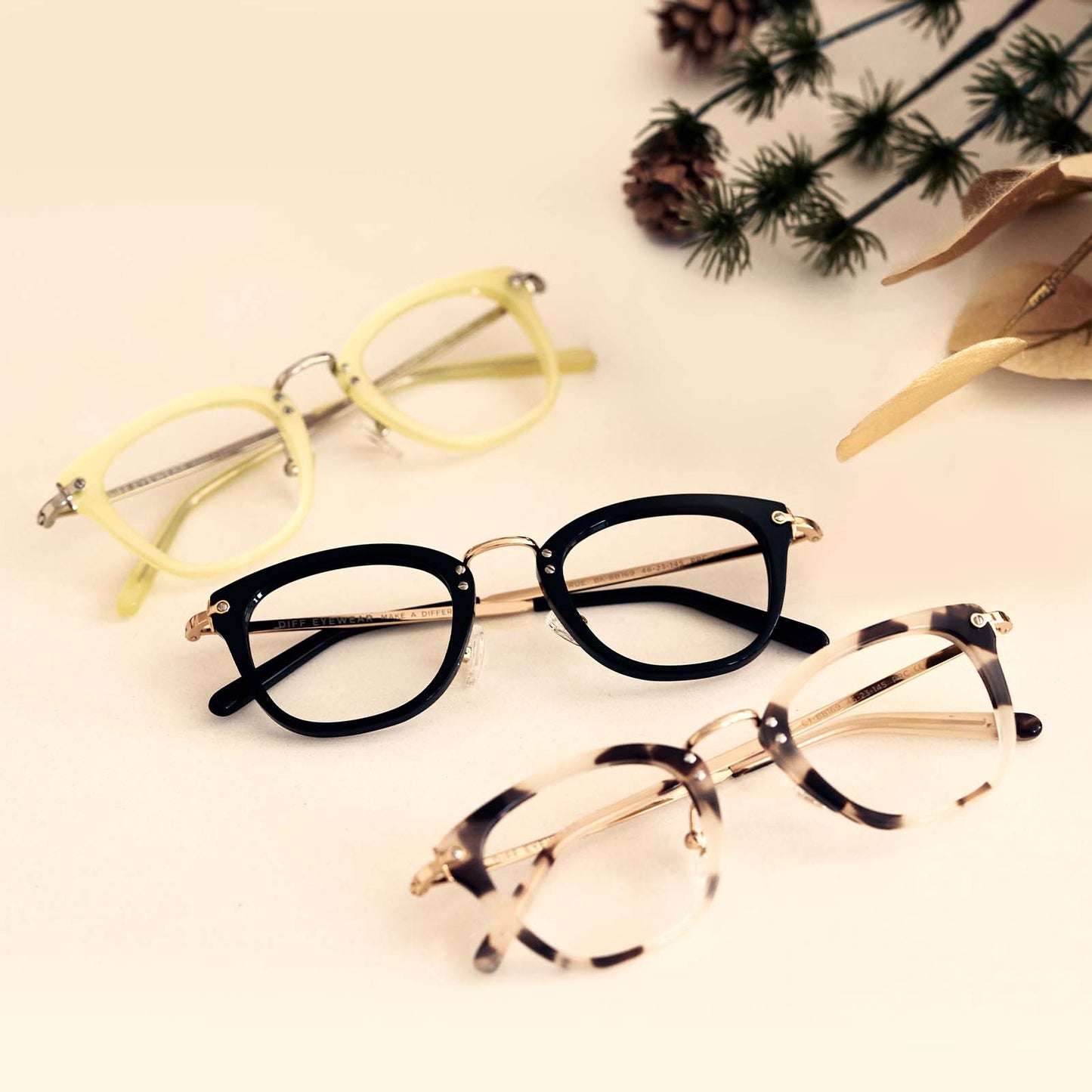 Top to bottom RUE bettercream, cream tortoise, and black