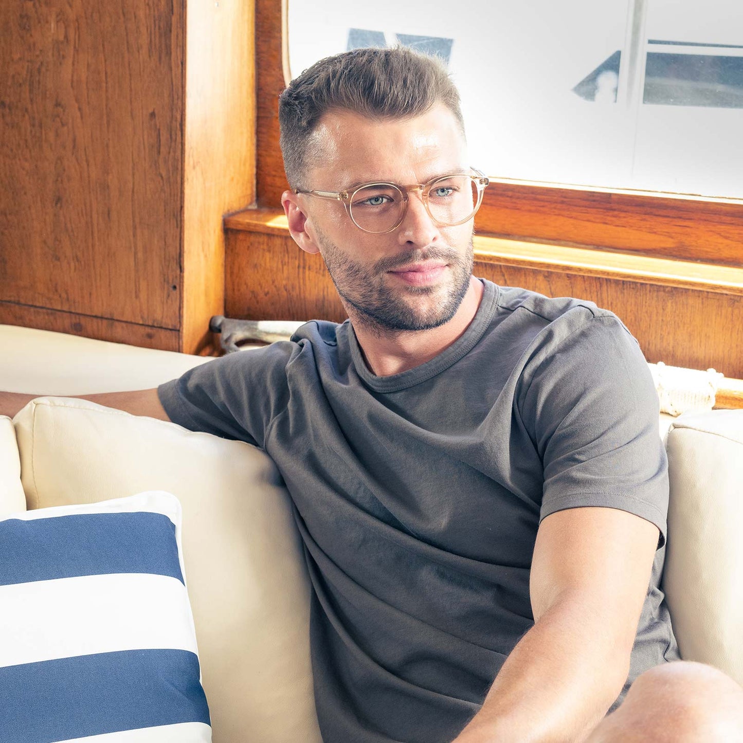 male model wearing SAWYER - VINTAGE CRYSTAL + BLUE LIGHT TECHNOLOGY CLEAR
