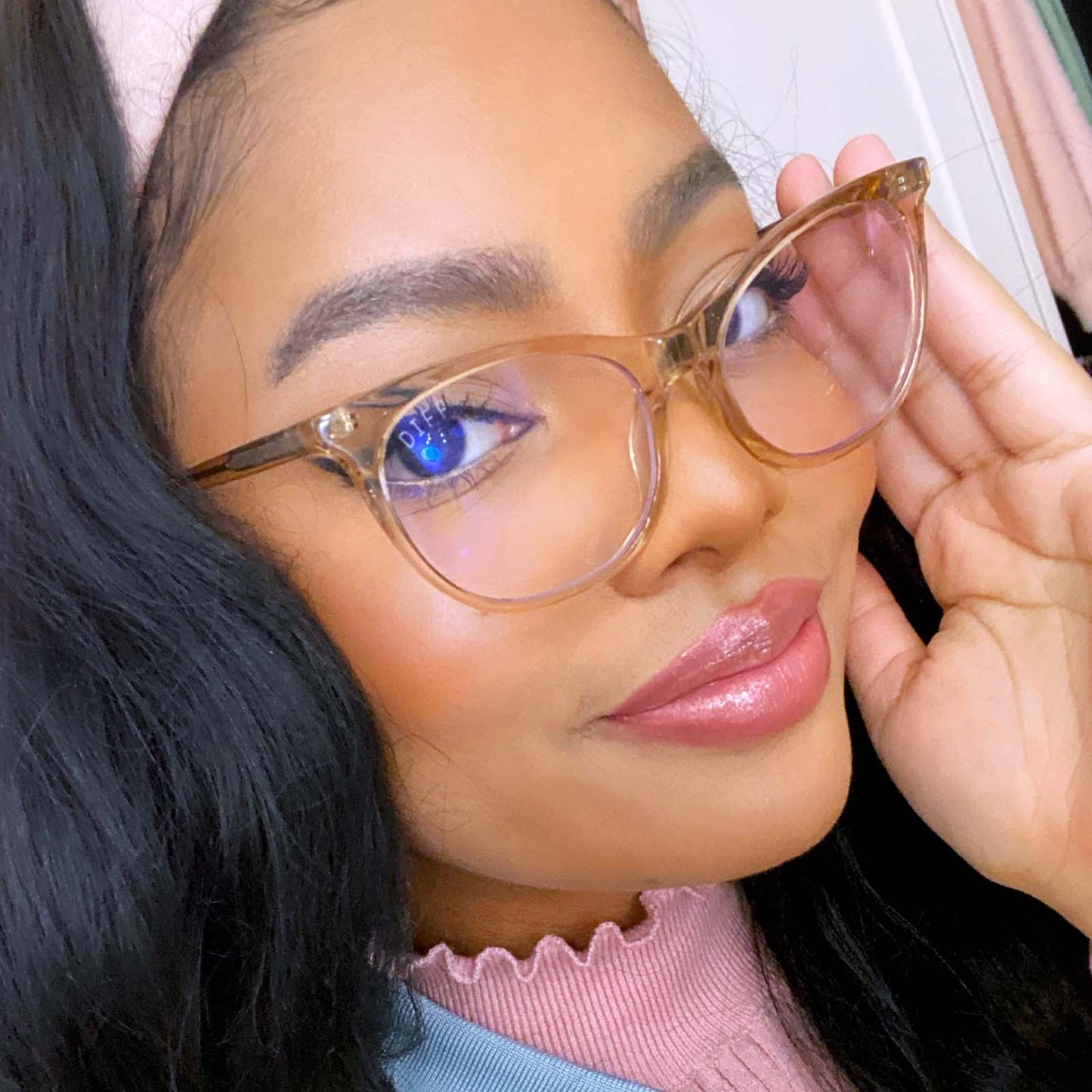 customer content - glaminista08 wearing jade vintage crystal blue light technology glasses