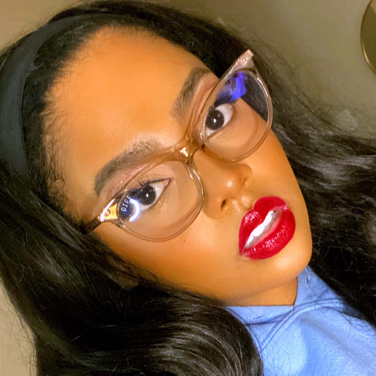 customer content - glaminista08 wearing jade vintage crystal blue light technology glasses