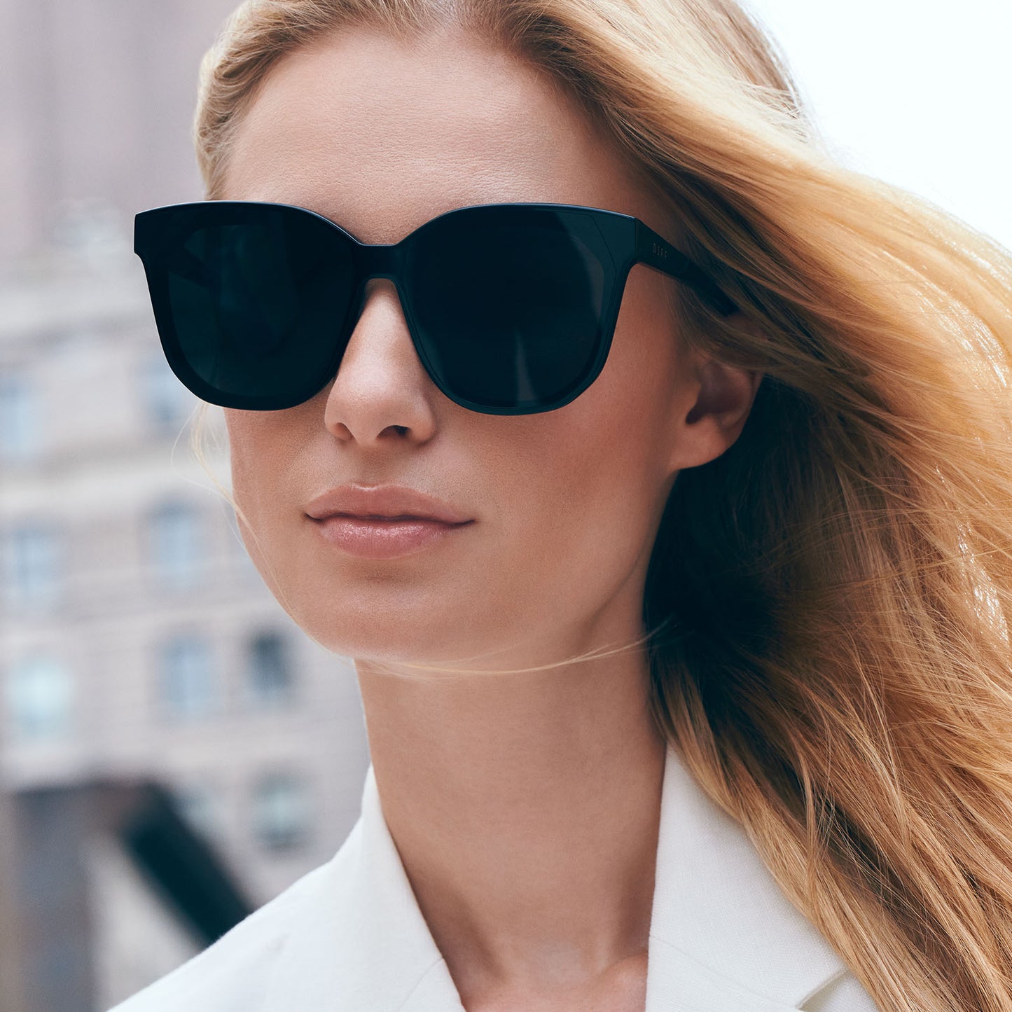 on model - female wearing Gia Black and Grey Oversized Cat Eye Sunglasses