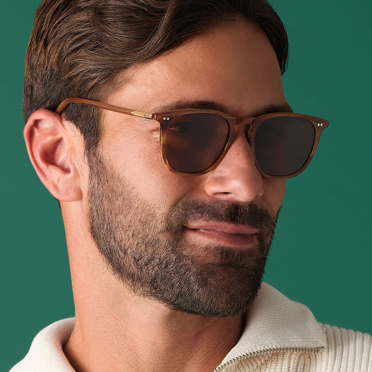 on model - male wearing diff eyewear featuring the maxwell xl square sunglasses with a longhorn brown frame and brown polarized lenses angled view