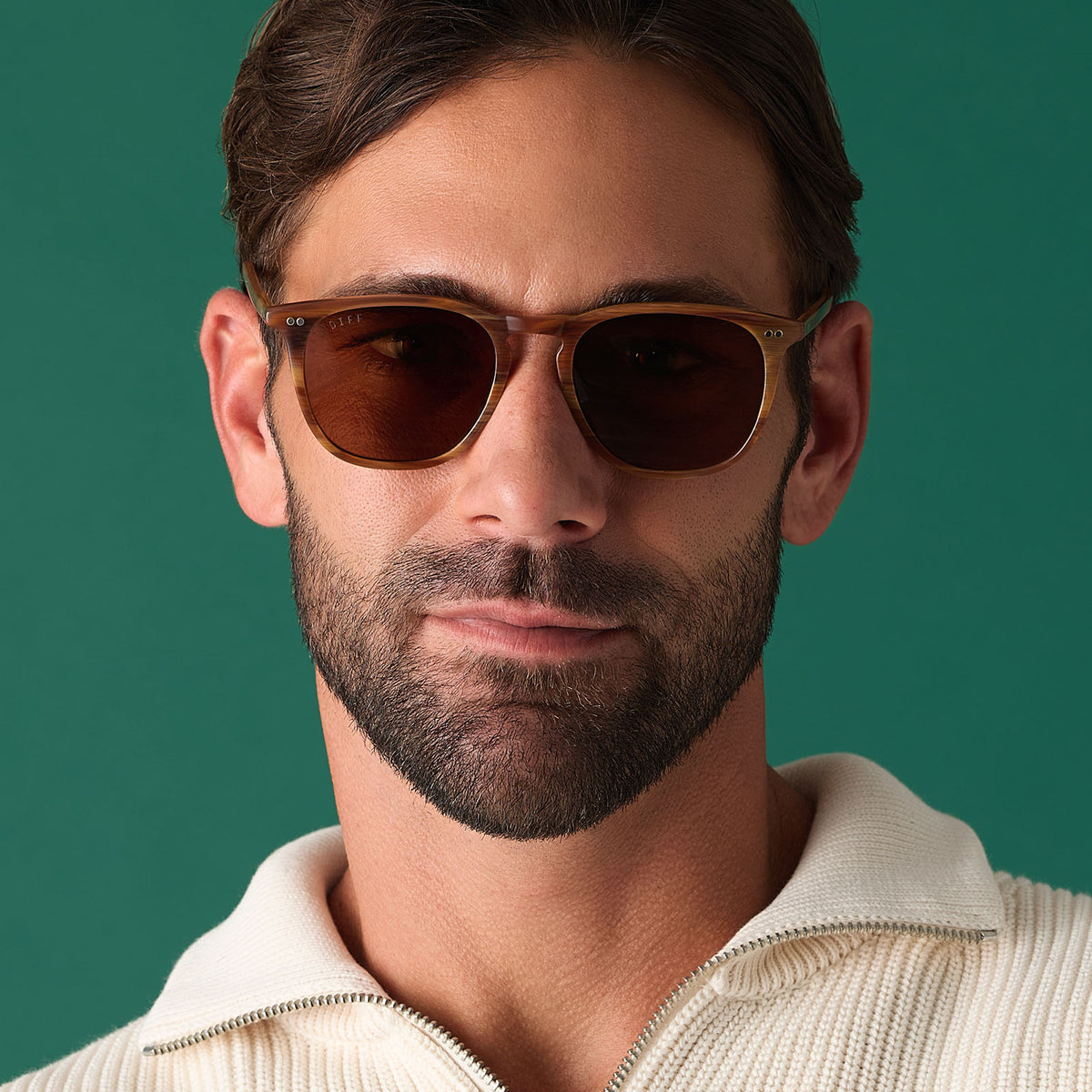 on model - male wearing diff eyewear featuring the maxwell xl square sunglasses with a longhorn brown frame and brown polarized lenses front view
