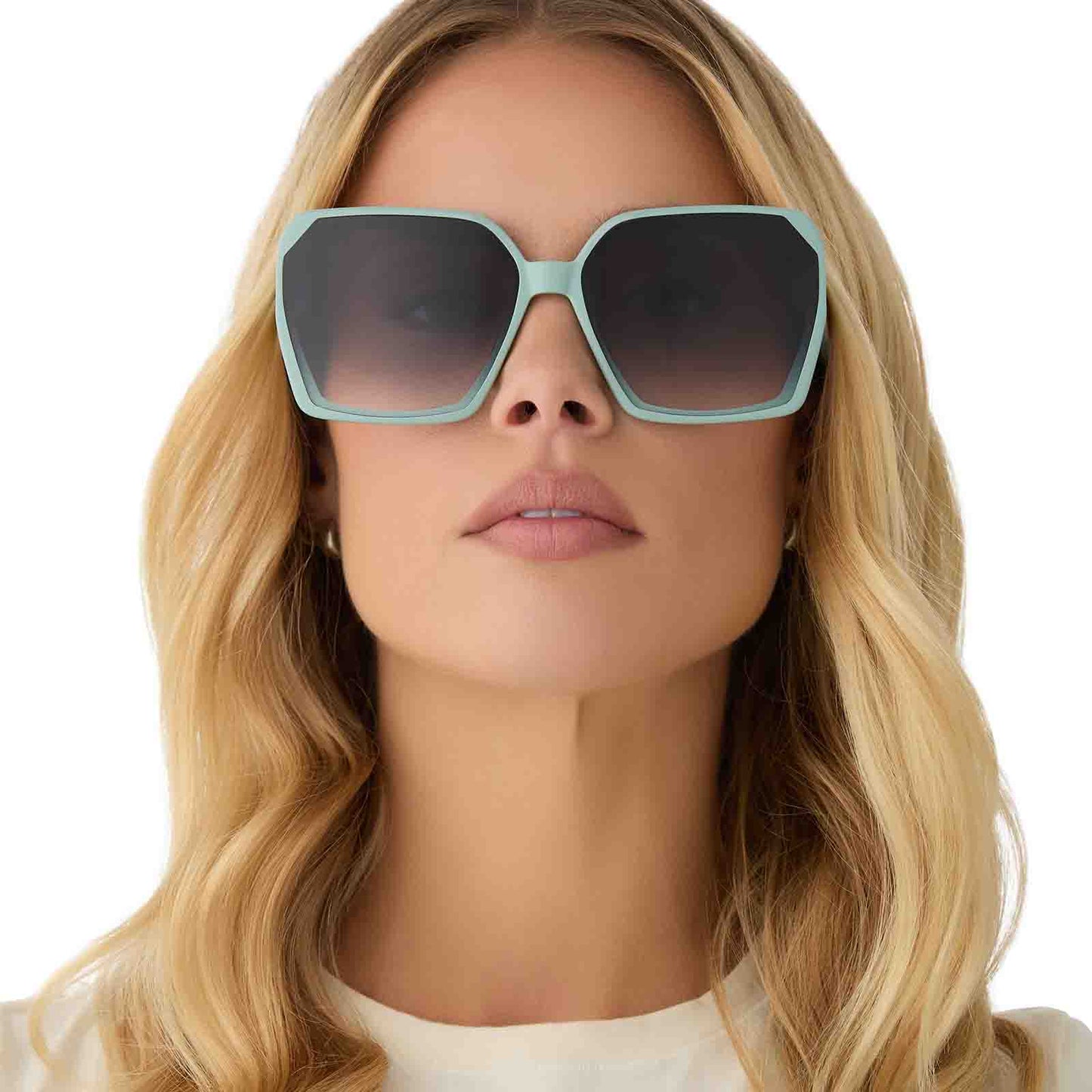 on model - female wearing diff eyewear featuring the presley square sunglasses with a steel teal frame and grey gradient lenses front view