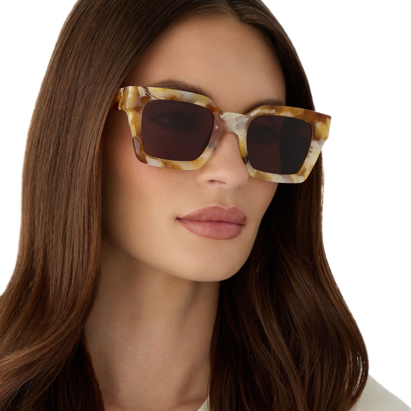 on model - female wearing diff eyewear featuring the greer square sunglasses with a gilded tortoise frame and brown polarized lenses angled view