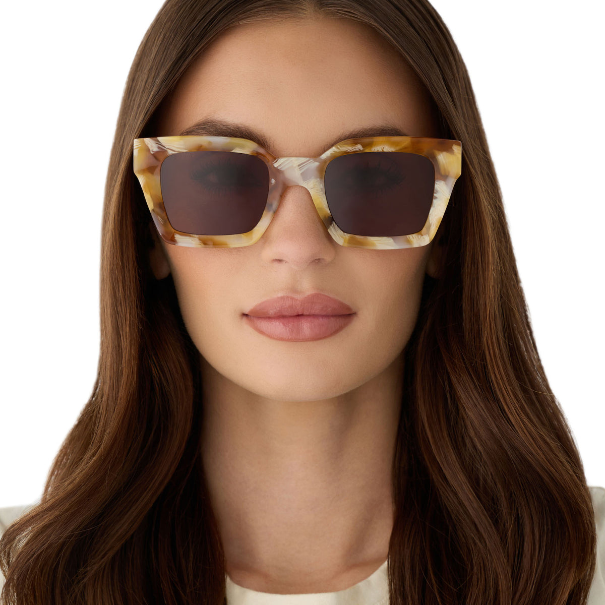 on model - female wearing diff eyewear featuring the greer square sunglasses with a gilded tortoise frame and brown polarized lenses front view