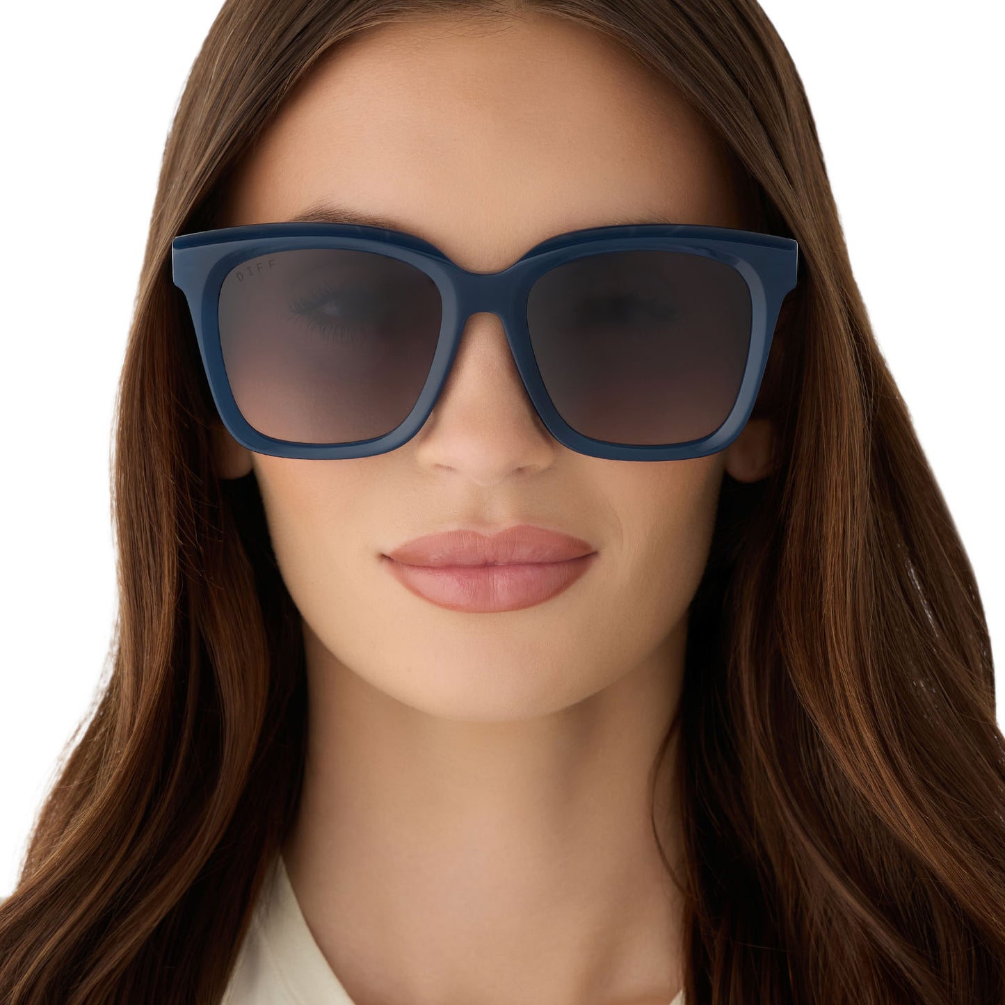 on model - female wearing diff eyewear featuring the meredith square oversized sunglasses with a clubhouse blue acetate frame and grey gradient polarized lenses front view