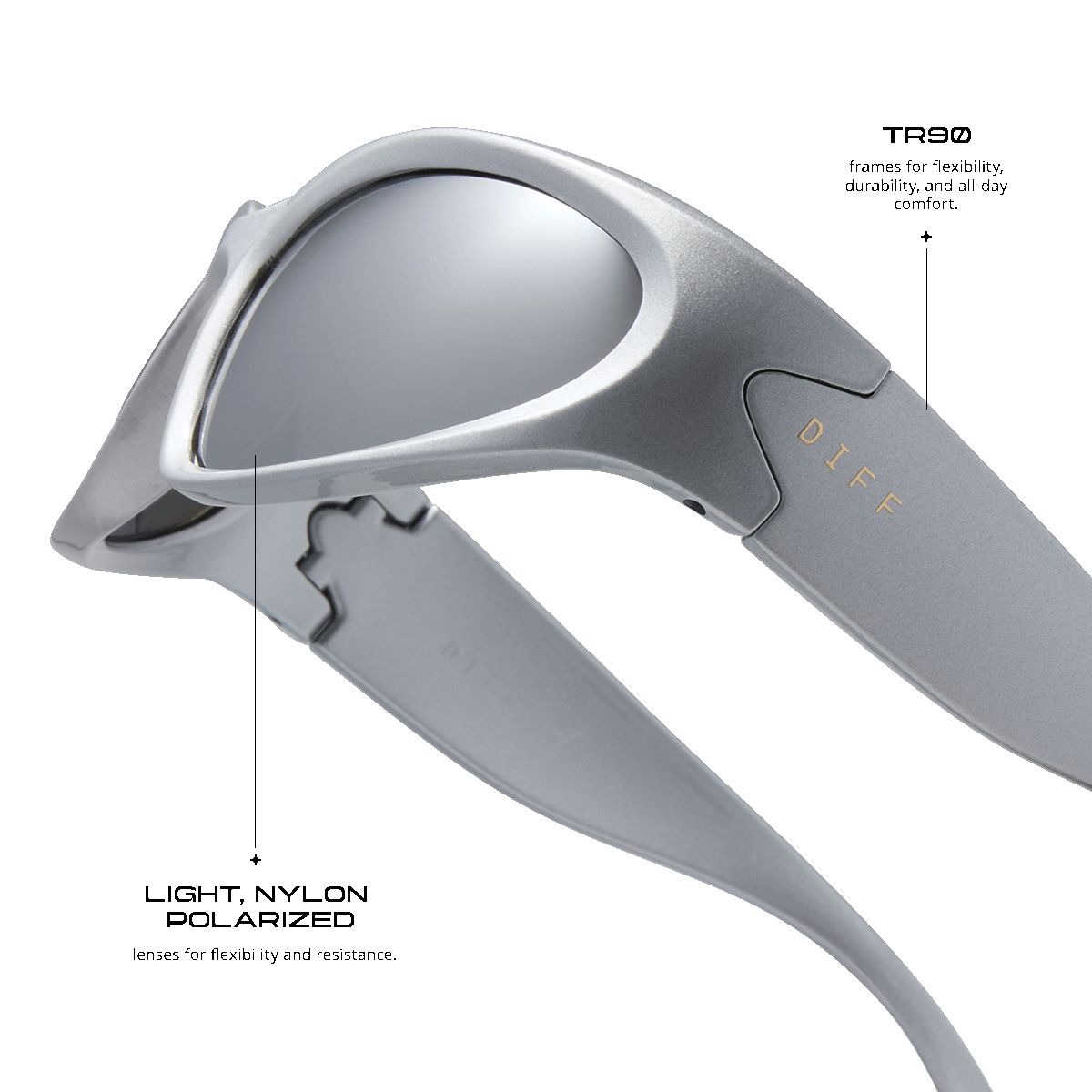 detailed information for diff sport side out wrap sunglasses with a silver frame and silver mirror polarized lenses