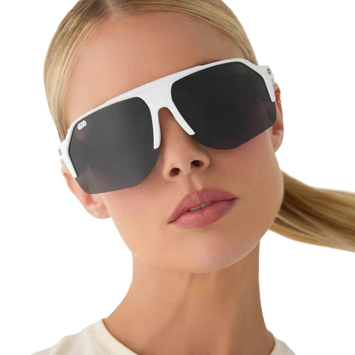 on model - female wearing star warsâ„¢ x diff sport featuring thestormtrooper square sunglasses with a galactic white frame and category 3 dark grey polarized lenses front view