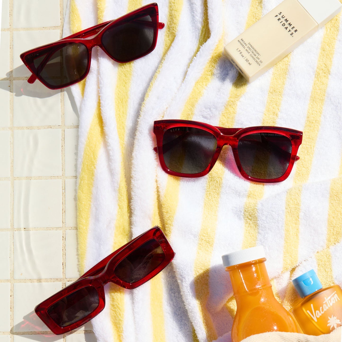 lifestyle - still life of diff eyewear group shot of red hot summer styles for Meredith, Indy and Alina