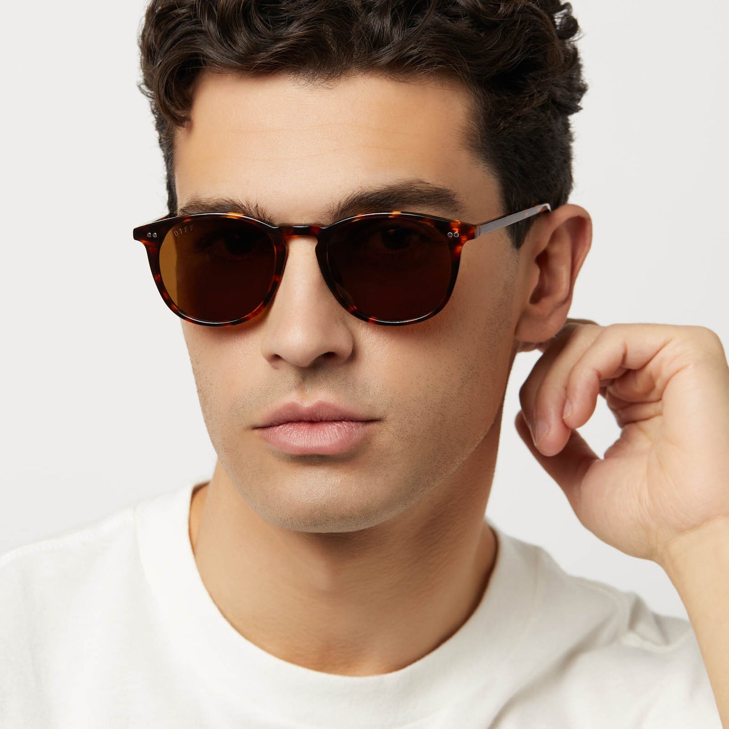on model - male wearing diff eyewear featuring the jaxson xl square sunglasses with a rich tortoise frame and brown polarized lenses front view