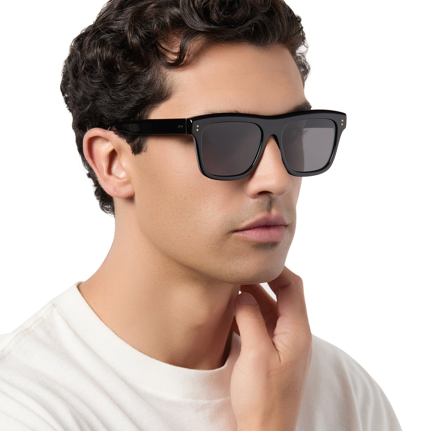 on model - male wearing diff eyewear sammy square sunglasses with a black acetate frame and grey polarized lenses angled view