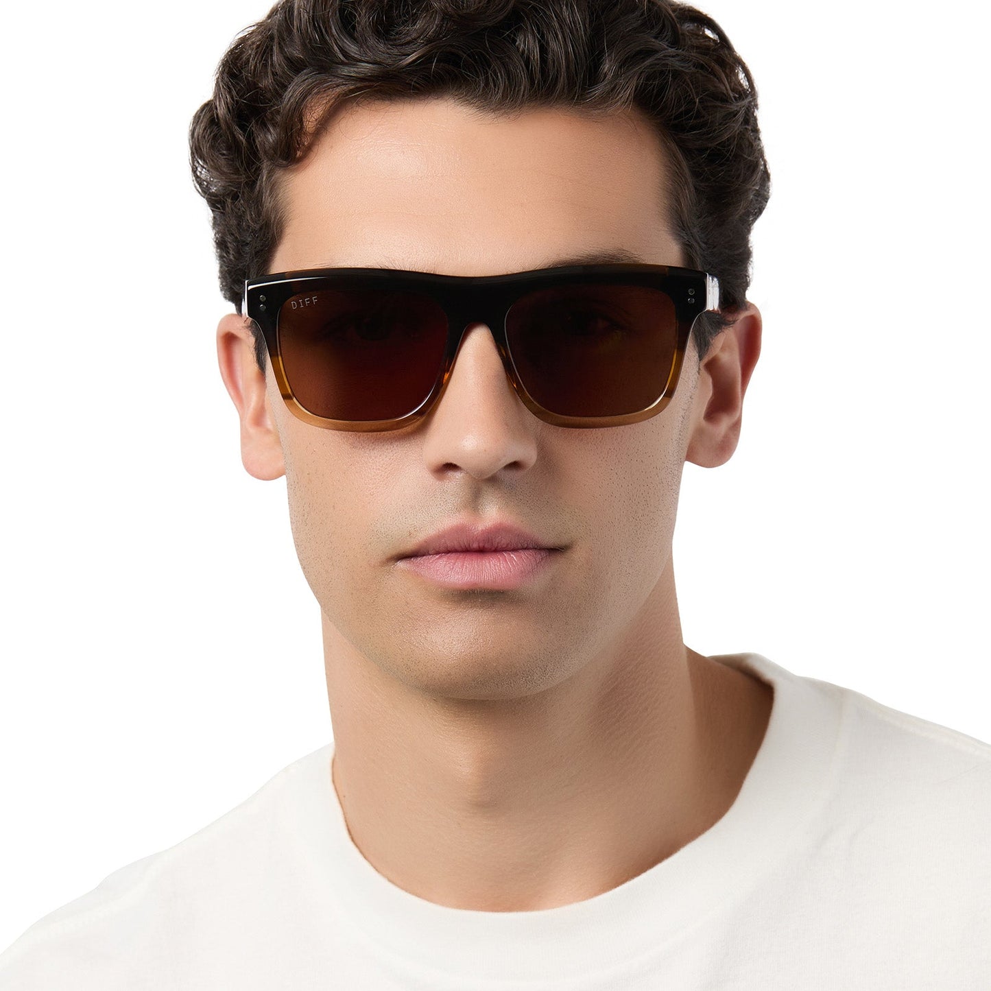 on model - male wearing diff eyewear sammy square sunglasses with a mocha brown gradient acetate frame and brown polarized lenses front view