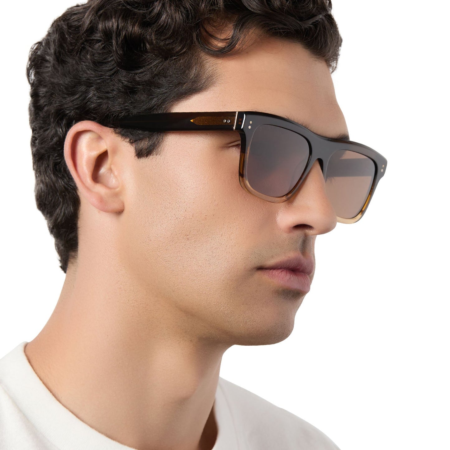 on model - male wearing diff eyewear sammy square sunglasses with a mocha brown gradient acetate frame and brown polarized lenses side view