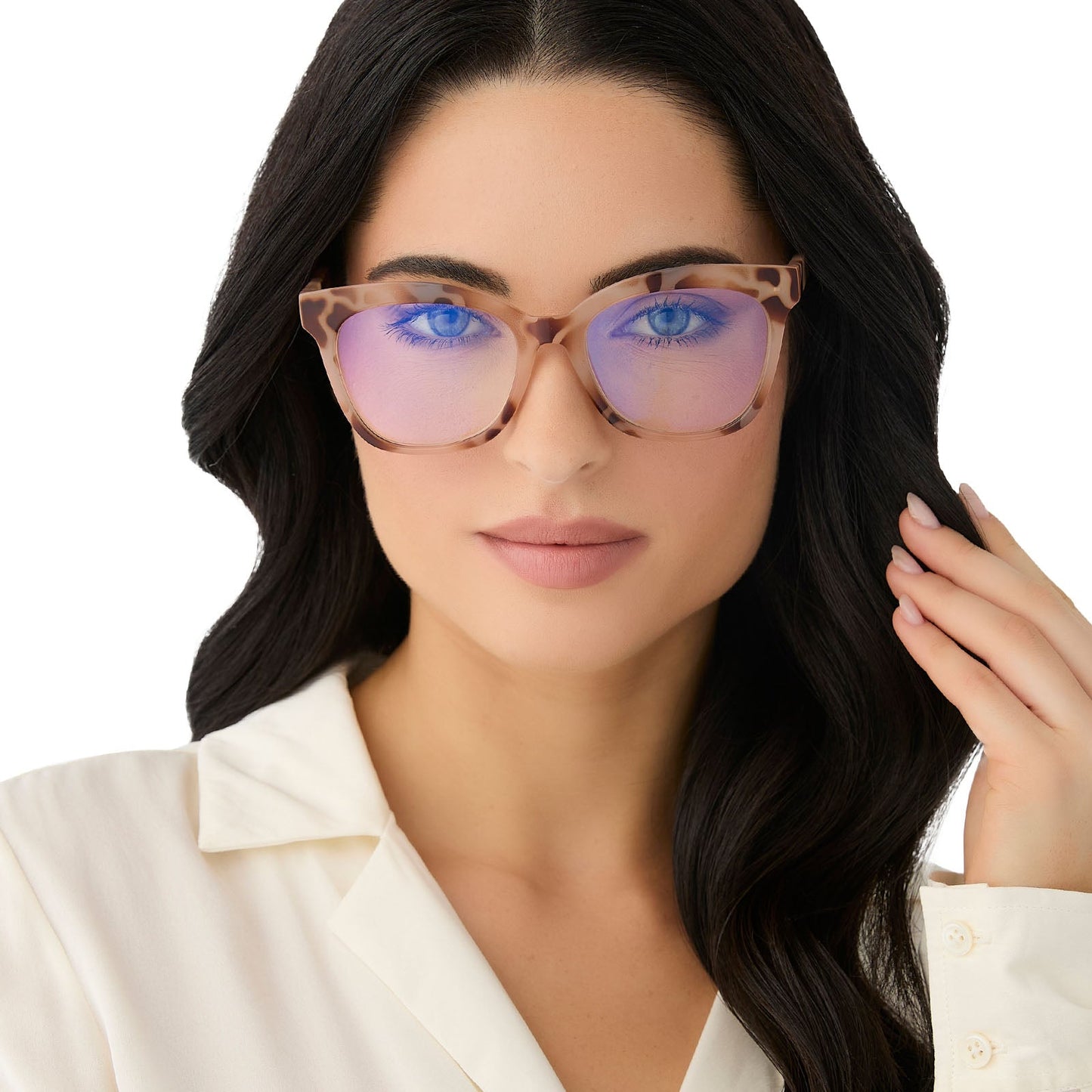 on model - female wearing diff eyewear featuring the willa square blue light readers with a cream tortoise frame front view