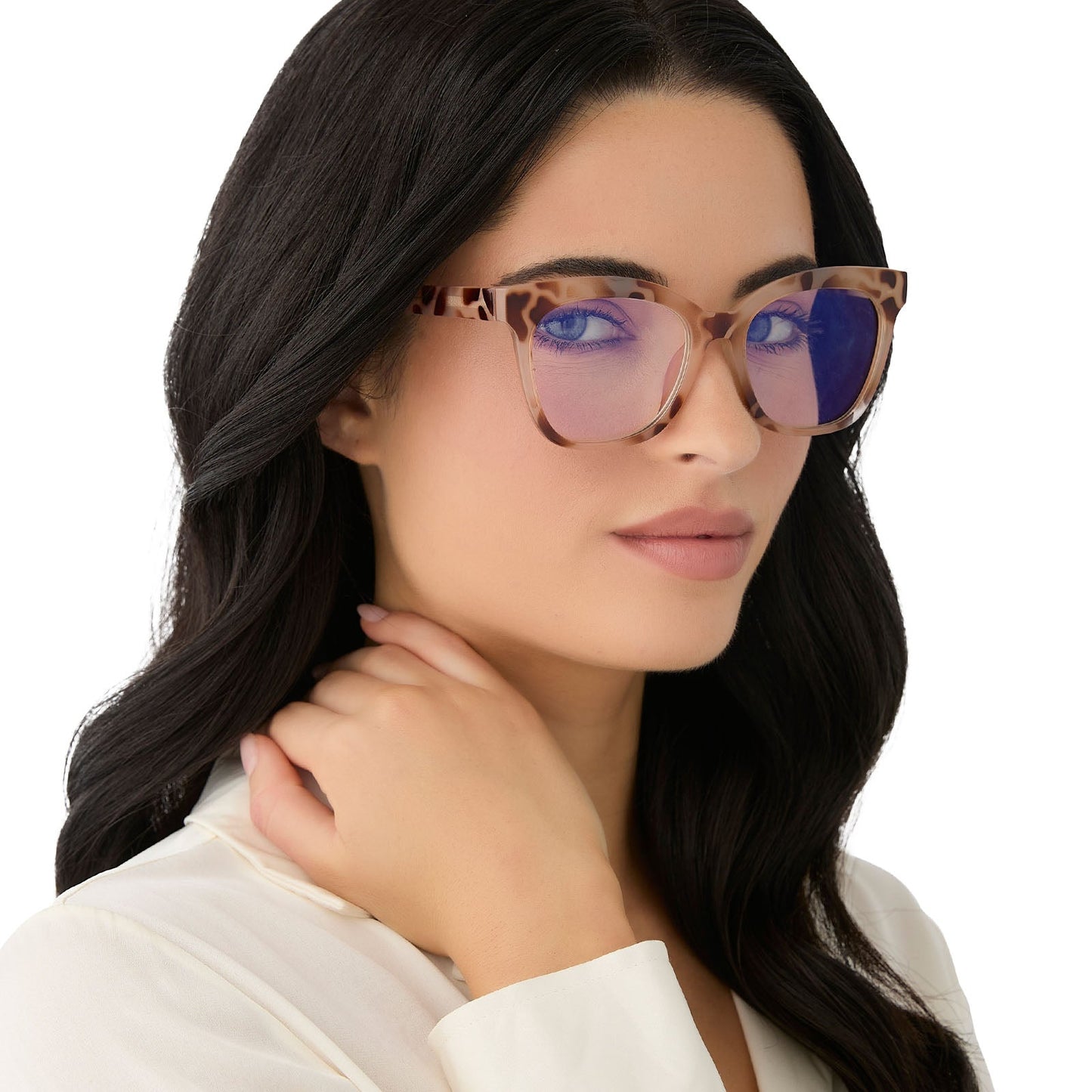 on model - female wearing diff eyewear featuring the willa square blue light readers with a cream tortoise frame angled view