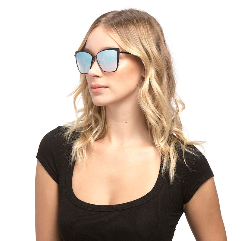 blonde model wearing becky black flash grey gradient angle on female