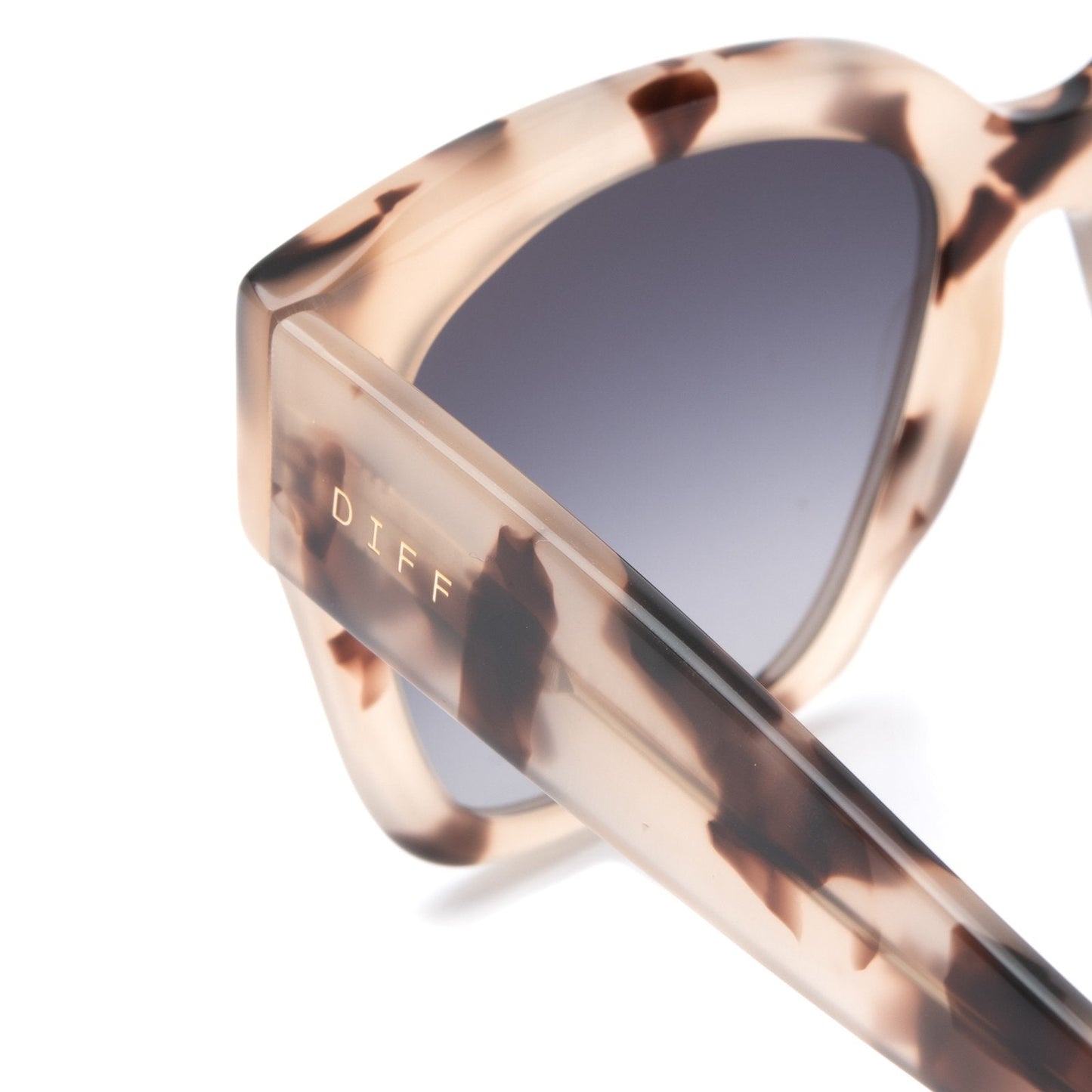Bella II sunglasses in with cream tortoise frames and grey gradient lens detailed shot