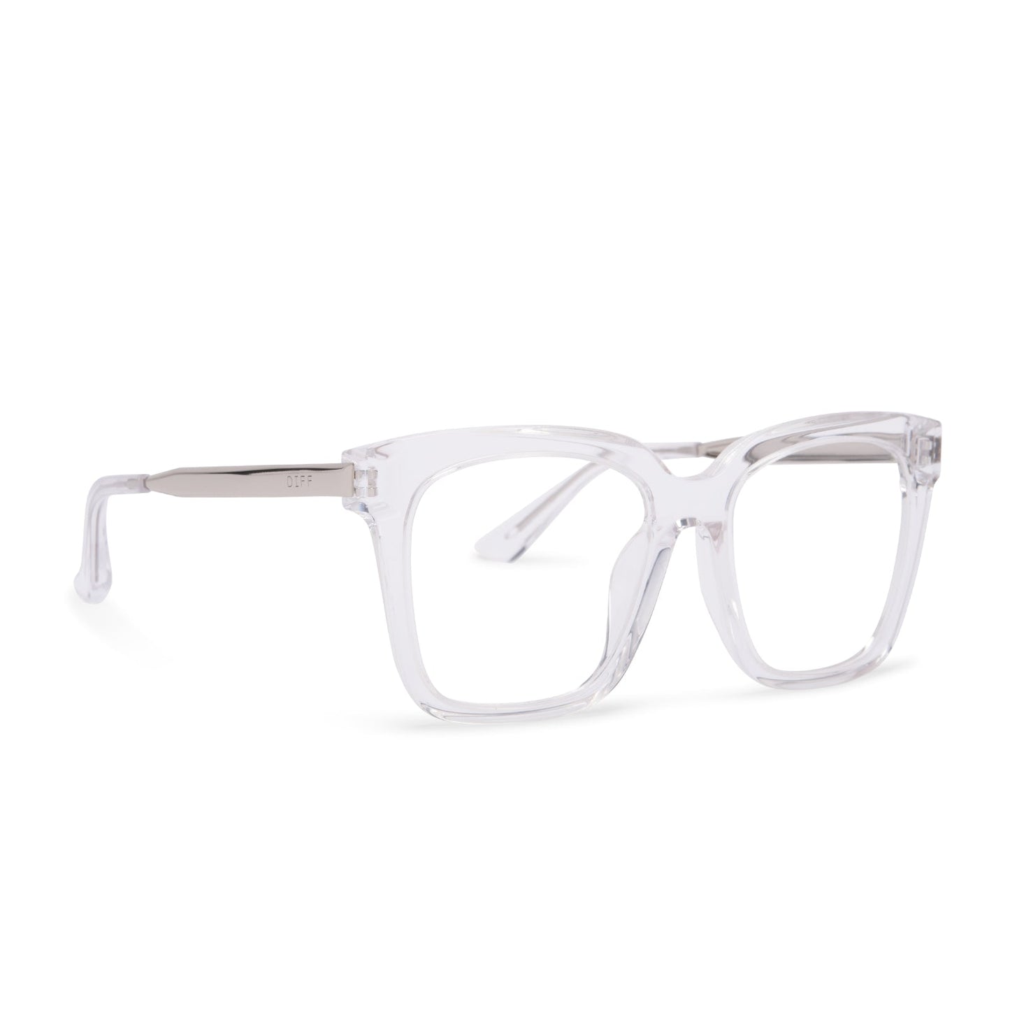 Bella eyeglasses with clear crystal frames and blue light technology lens angle view
