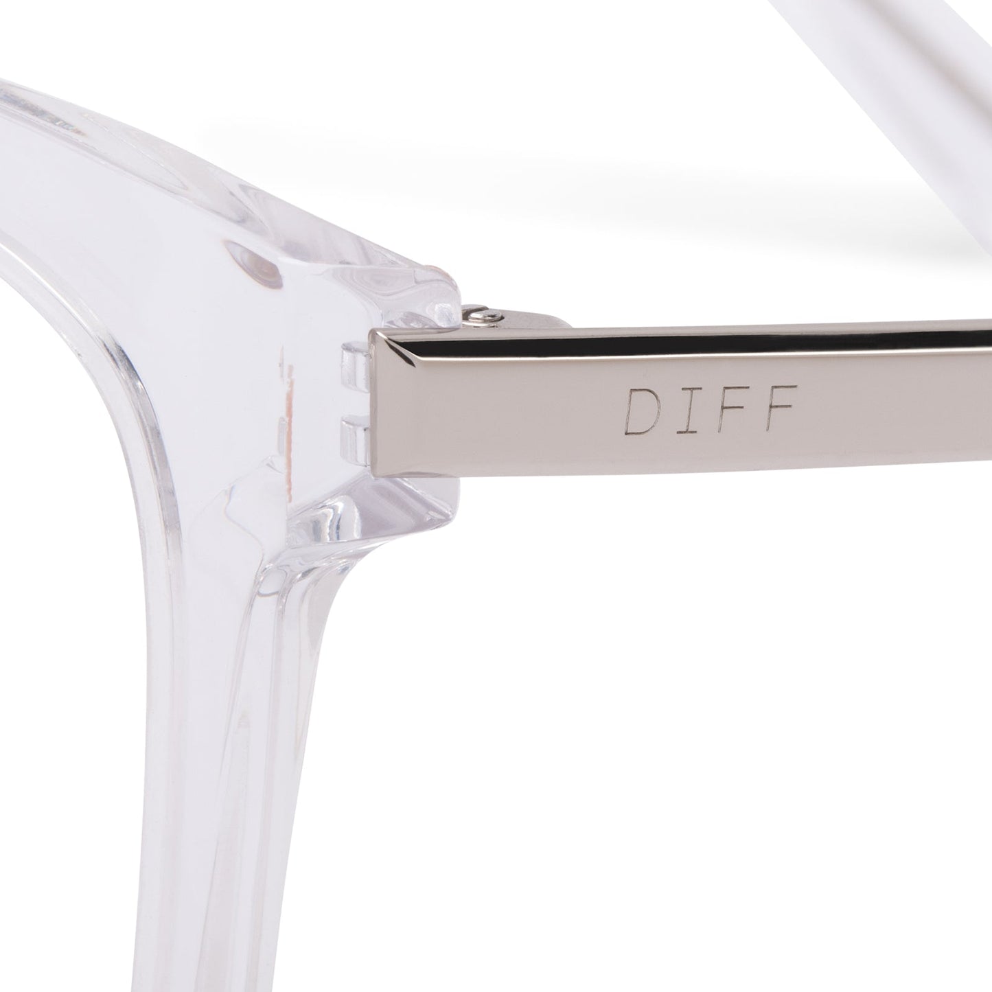 Bella eyeglasses with clear crystal frames and blue light technology lens detail view