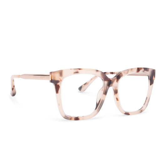 Bella eyeglasses with cream tortoise frames with blue light technology lens angle view