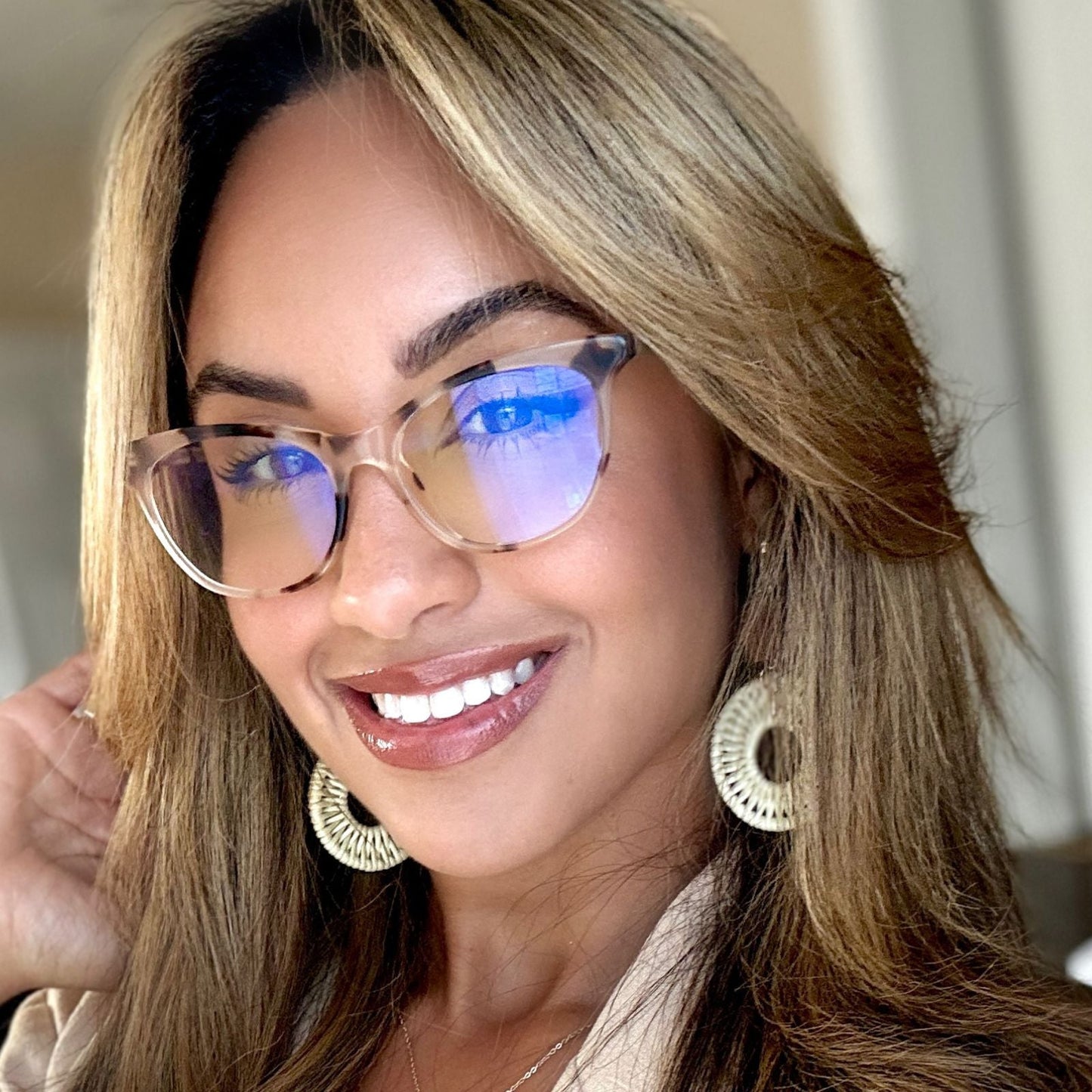 customer content - scarlly shannel brunette model with highlights wearing cream tort prescription glasses