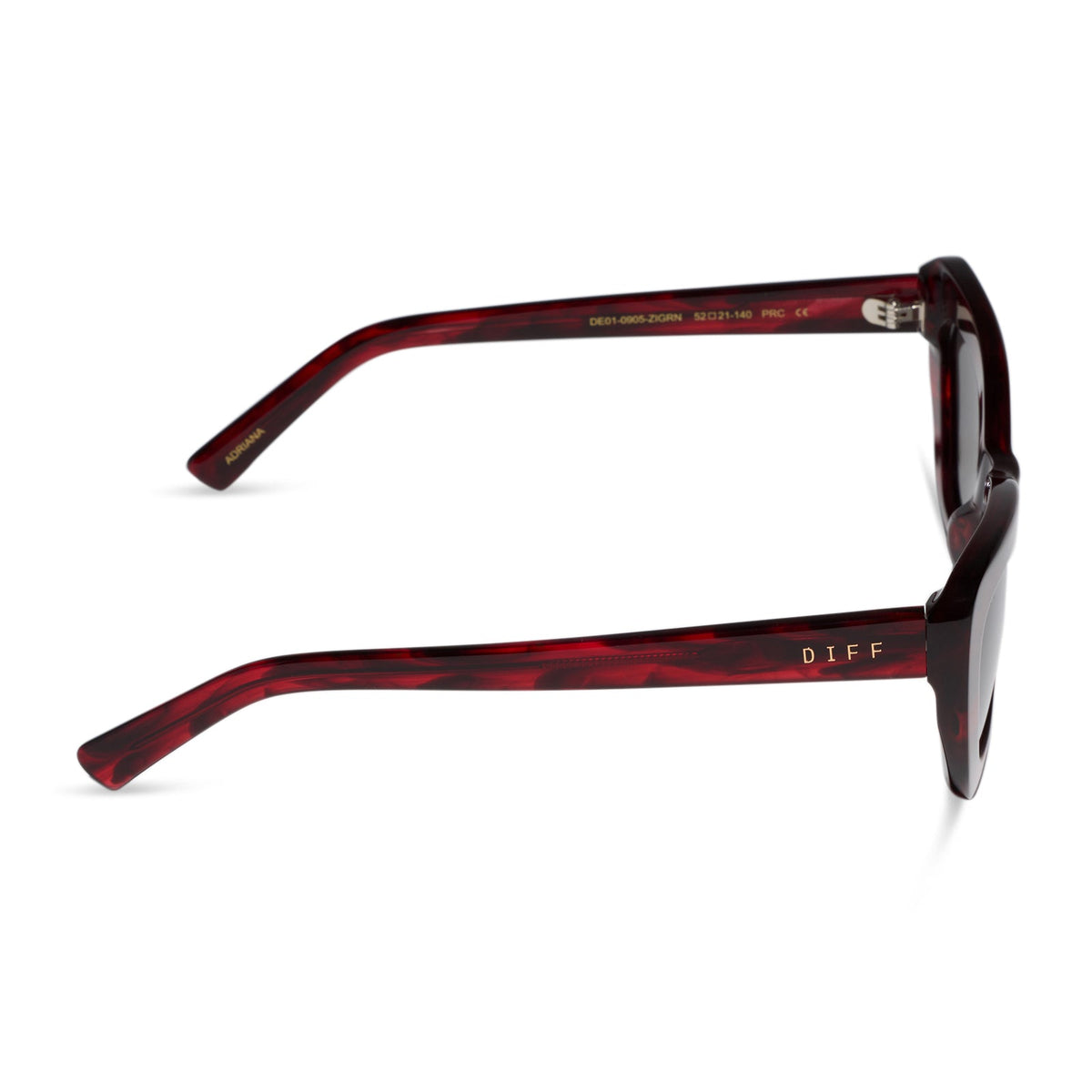 diff eyewear featuring the adriana cateye sunglasses with a rich red tortoise frame and grey lenses side view