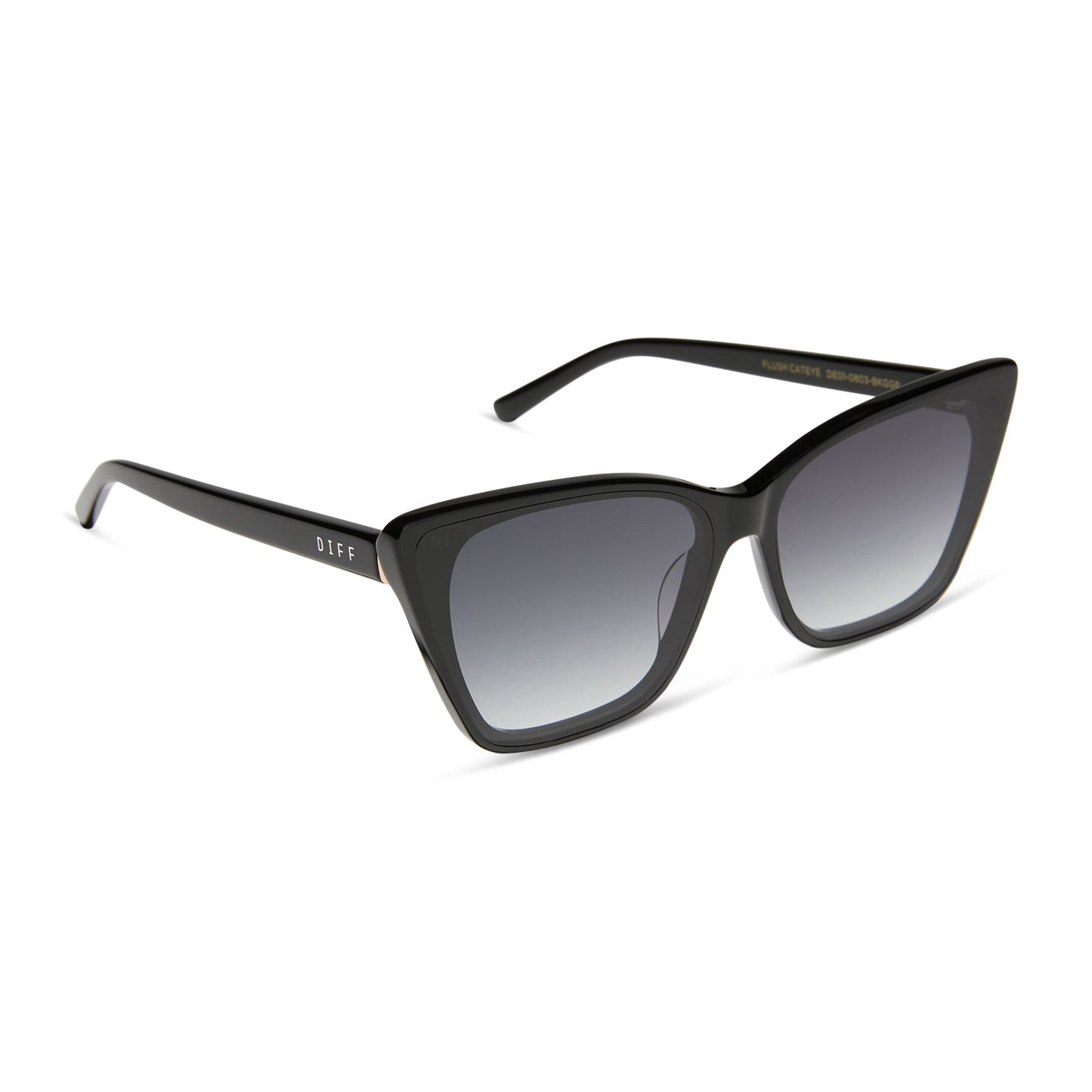 diff eyewear featuring the alina cat eye sunglasses with a black frame and grey gradient lenses angled view
