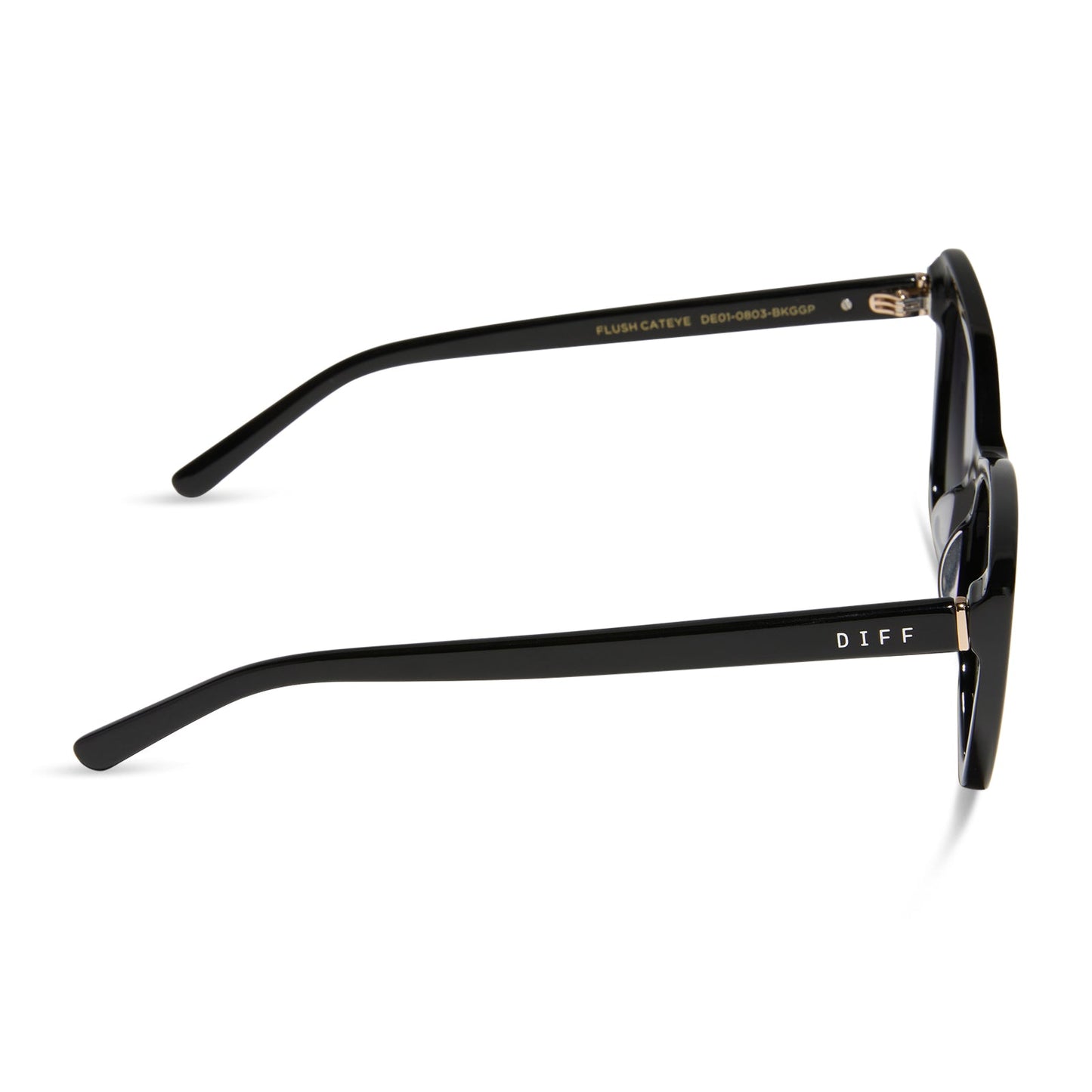 diff eyewear featuring the alina cat eye sunglasses with a black frame and grey gradient lenses side view