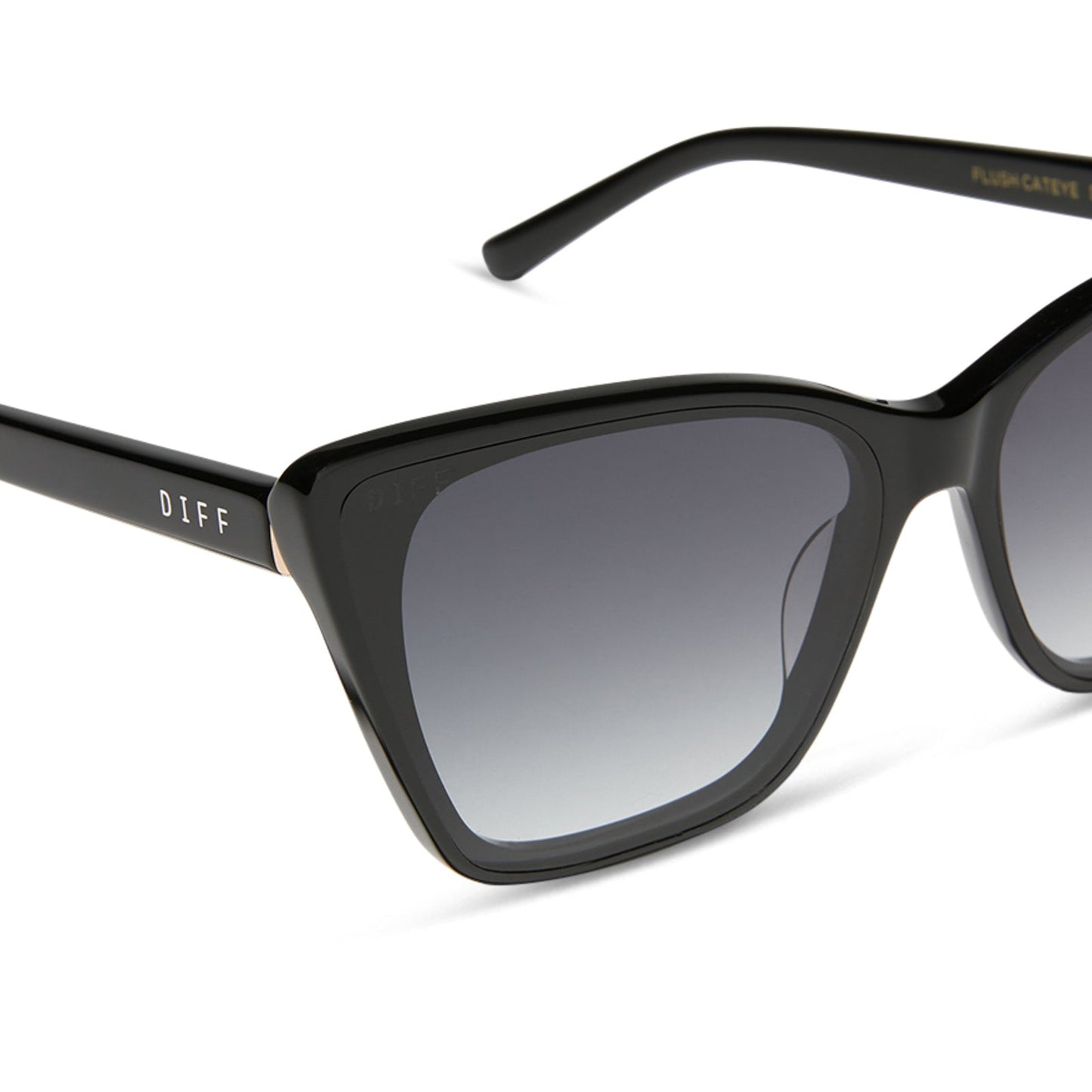 diff eyewear featuring the alina cat eye sunglasses with a black frame and grey gradient lenses detailed view