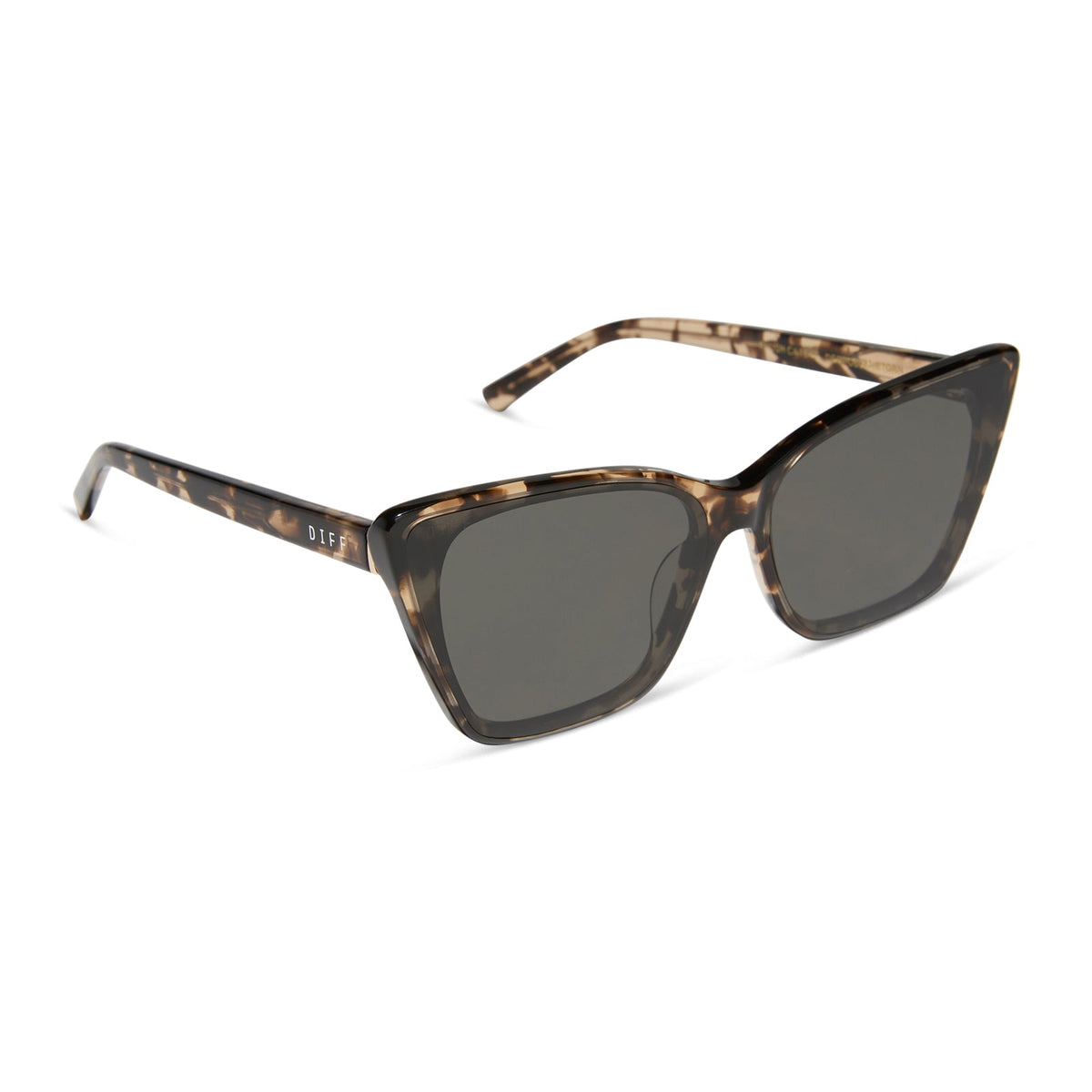 diff eyewear featuring the alina cat eye sunglasses with a espresso tortoise frame and grey lenses angled view