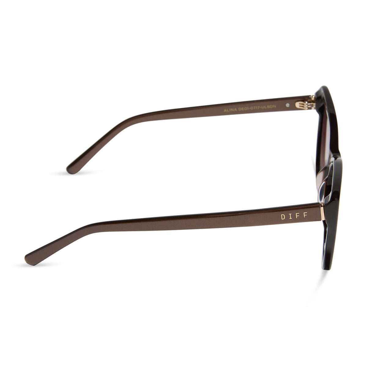 diff eyewear featuring the alina cat eye sunglasses with a moscow mule brown opalescent frame and brown gradient gold flash lenses side view
