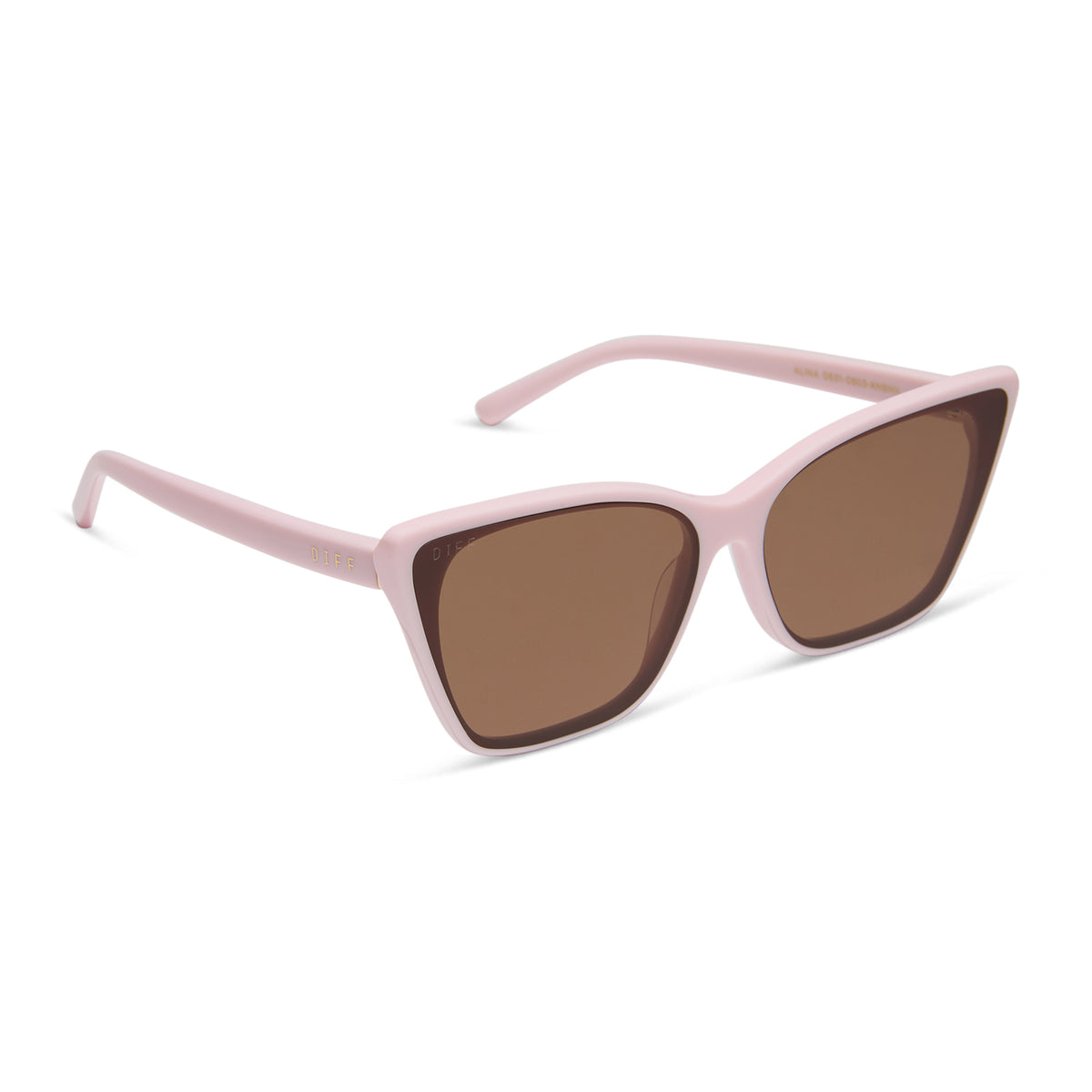 diff eyewear featuring the alina cat eye sunglasses with a powder pink frame and brown lenses angled view